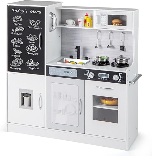 GLACER Juego de cocina para niños, juego de cocina de juguete de madera con luces y sonidos, pizarra, teléfono, dispensador de agua, grifo giratorio