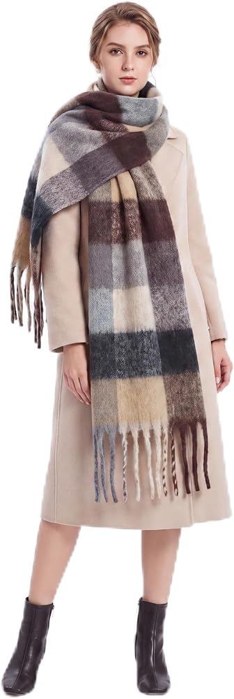 Chunky Knit Scarf for Women, Oversized Plaid with Tassels — 사진 1