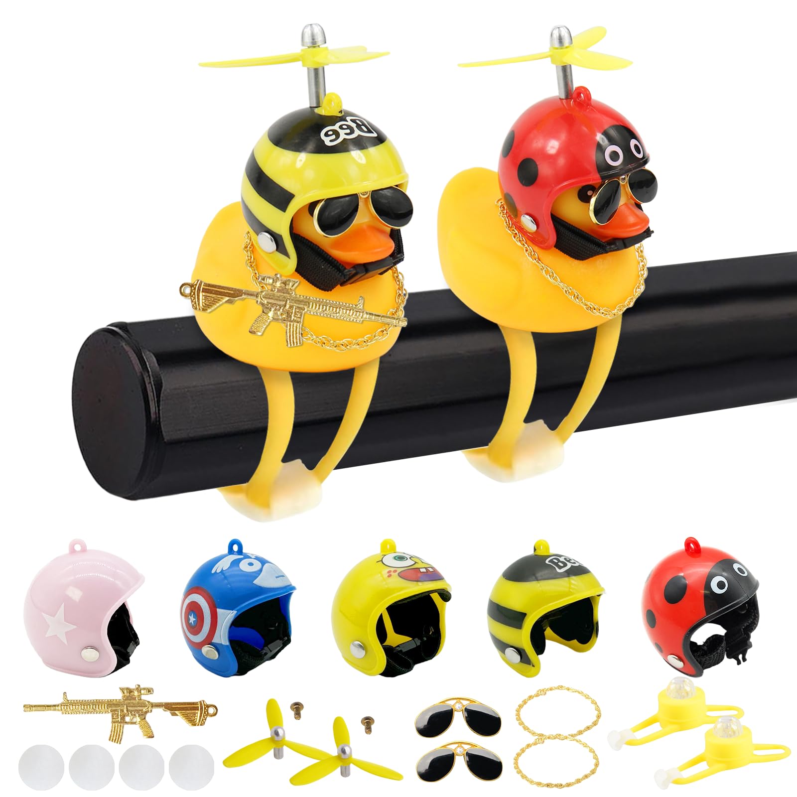Xerteam Rubber Duck Bike Bell Set Kids, LED Bike Handlebar Decoration mit 2 Duck+5 Helmet + 2 Propellers + 2 Sunglasses