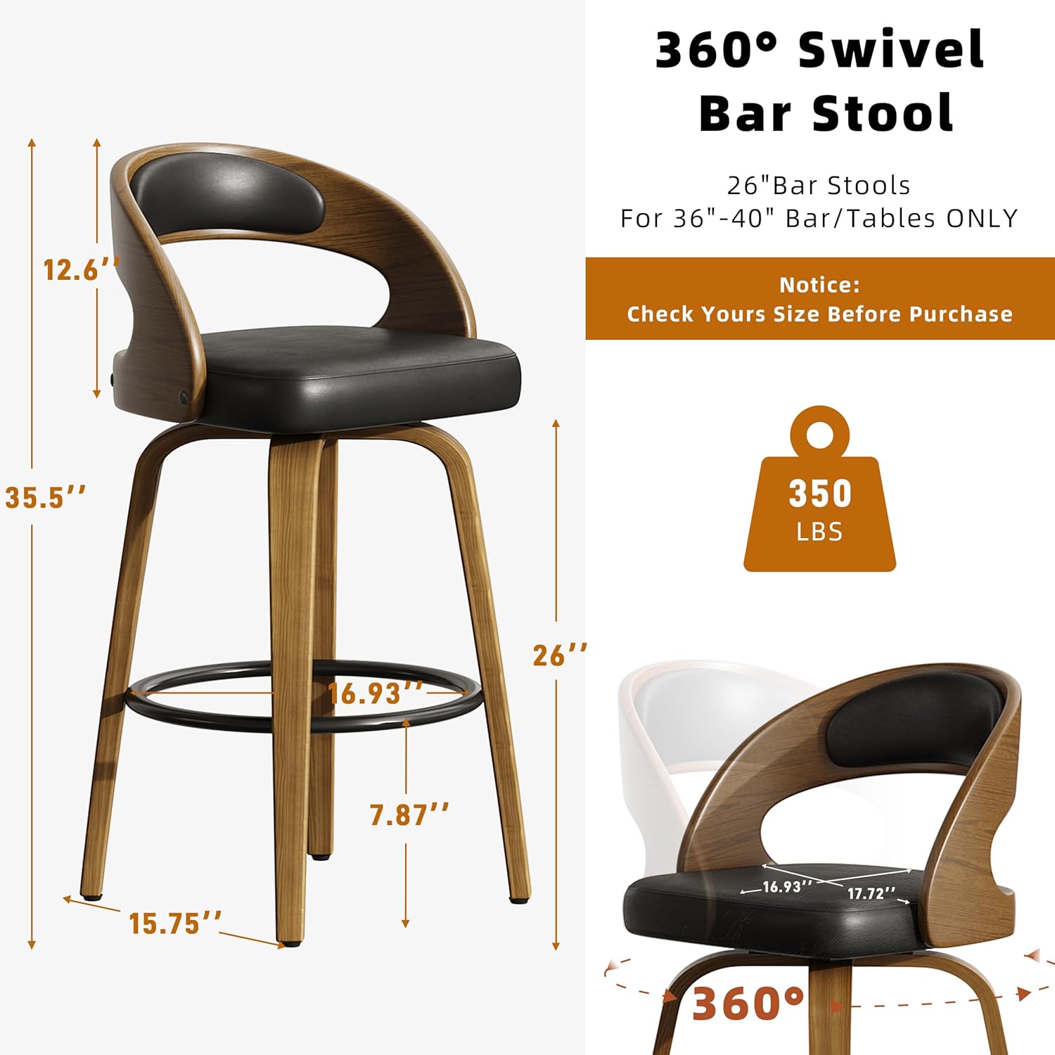 26" Bar Stools Set of 4 Swivel Counter Height Stools Bar Chairs Faux Leather Bar Stool with Backrest & Solid Wood Legs & Wrap-Around Footrest, Counter Stools for Kitchen Island Black