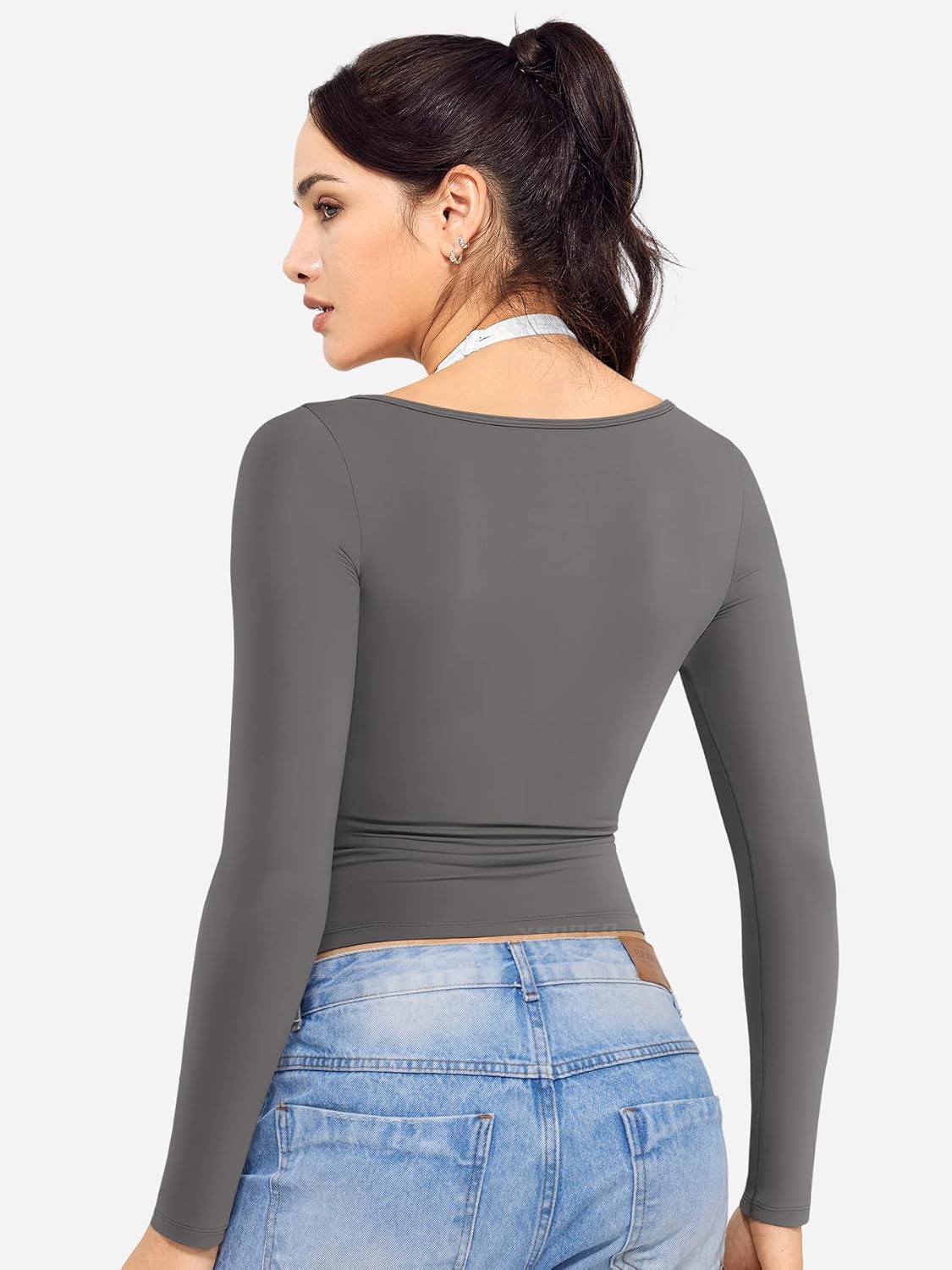 YEOREO Long Sleeve Workout Tops for Women Square Neck Slim Fitted Double Lined Compression Shirt Basic Casual Gym Yoga Tops - Image 2