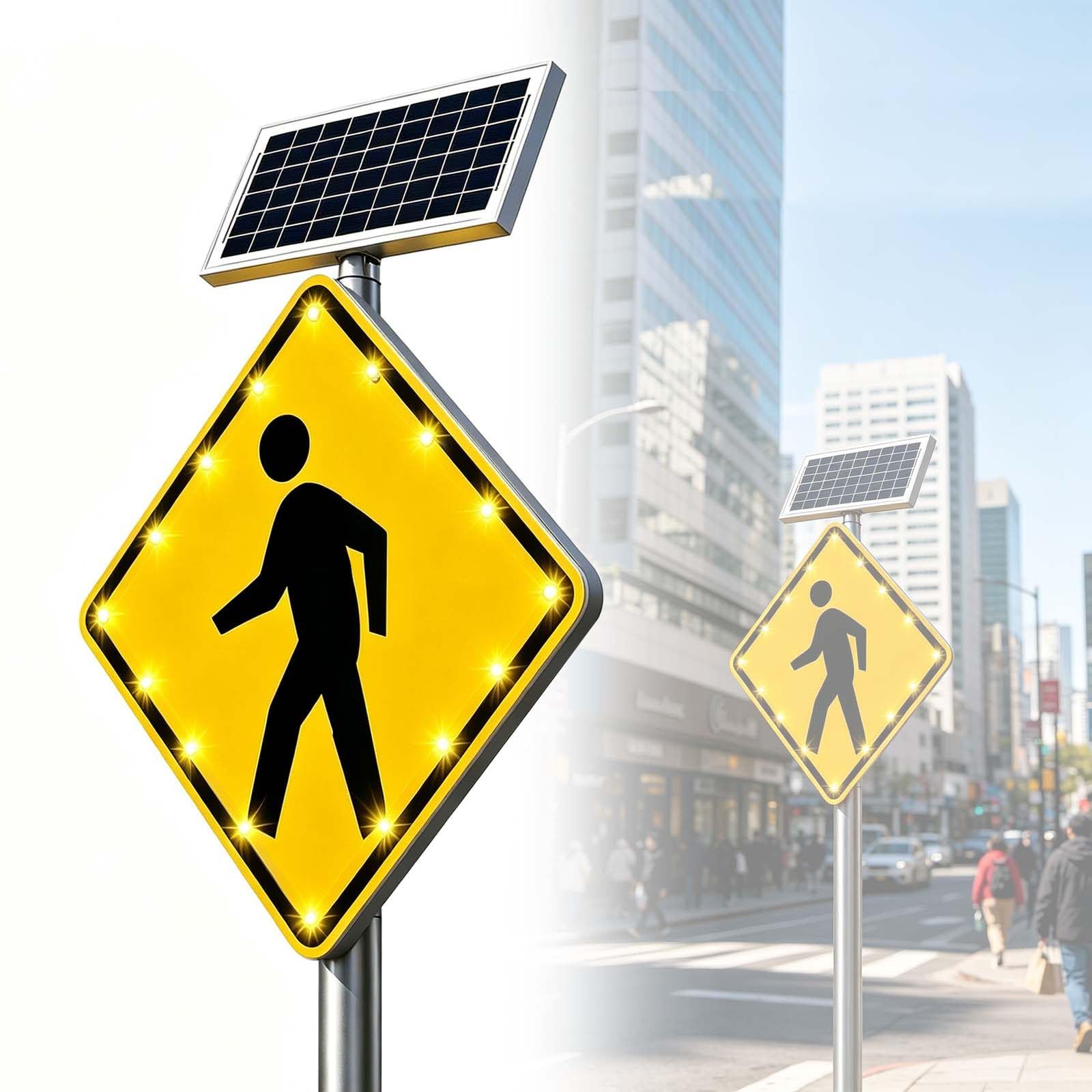 QFGain Flashing Pedestrian Crossing Sign Solar Powered, 7 Modes LED Strobe Warning Light, Day/Night Auto Activation, Weatherproof for Road Construction Site 24in