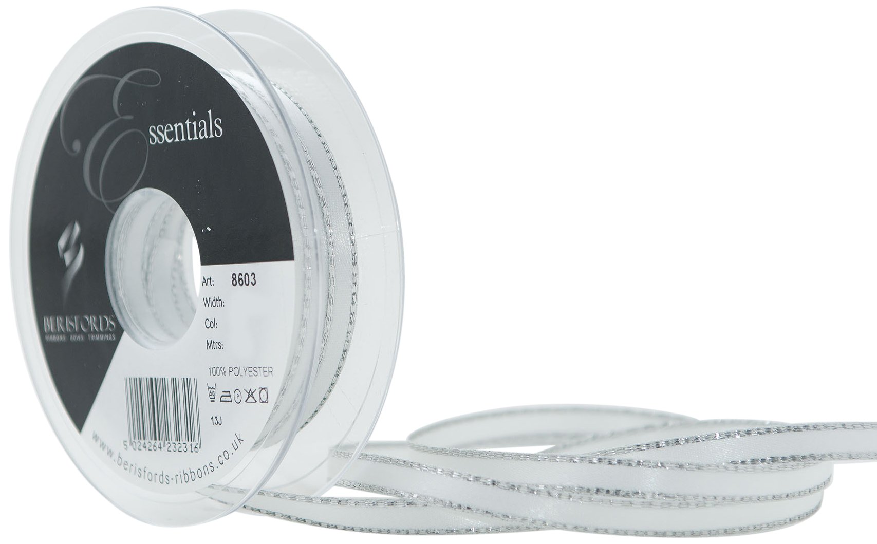 Berisfords 1 White Silver Edge Satin Ribbon (Value Roll)