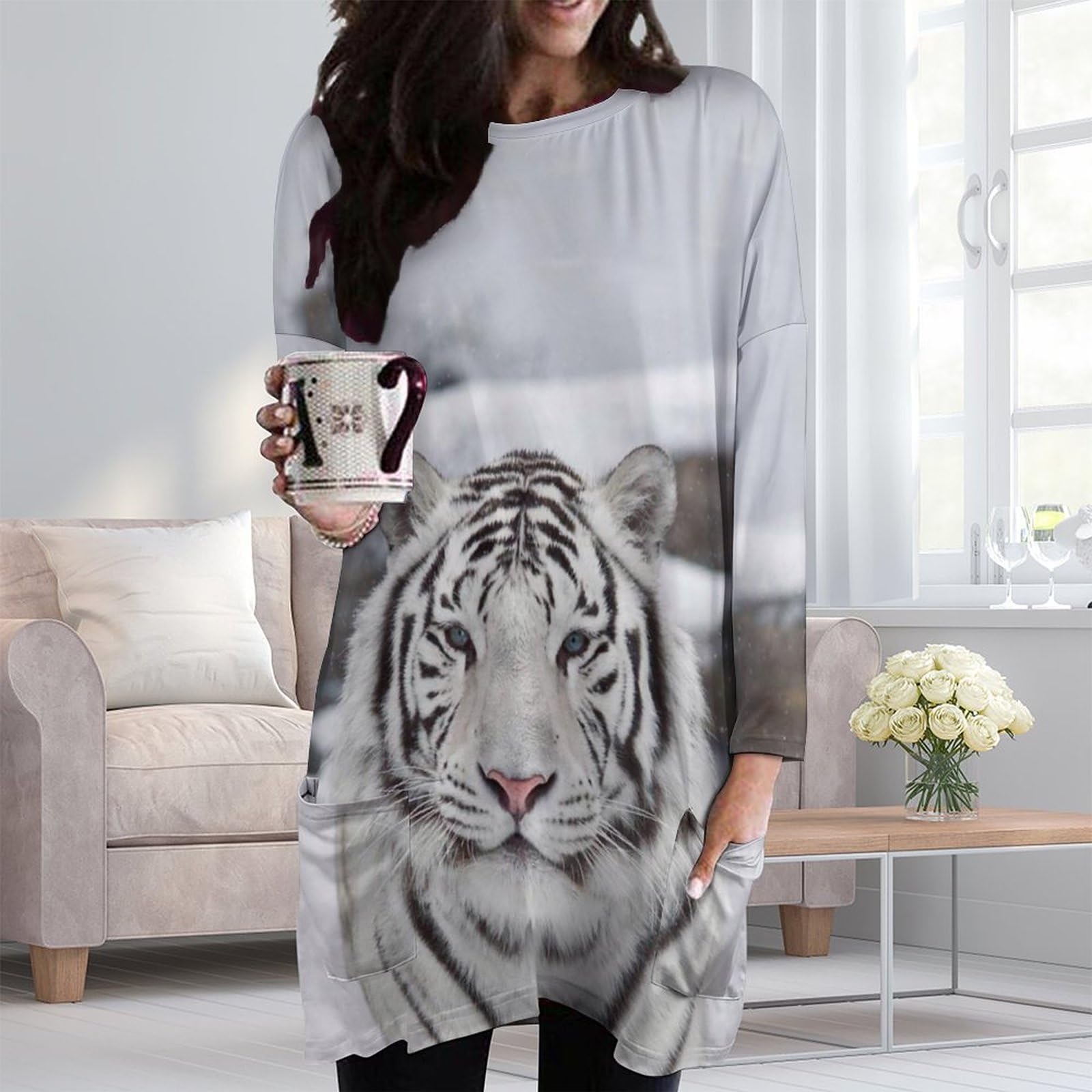 White Tiger in The Snow Women's Long Sleeve T-Shirt Dress with Pockets  Crewneck Tunic Top at Amazon Women's Clothing store
