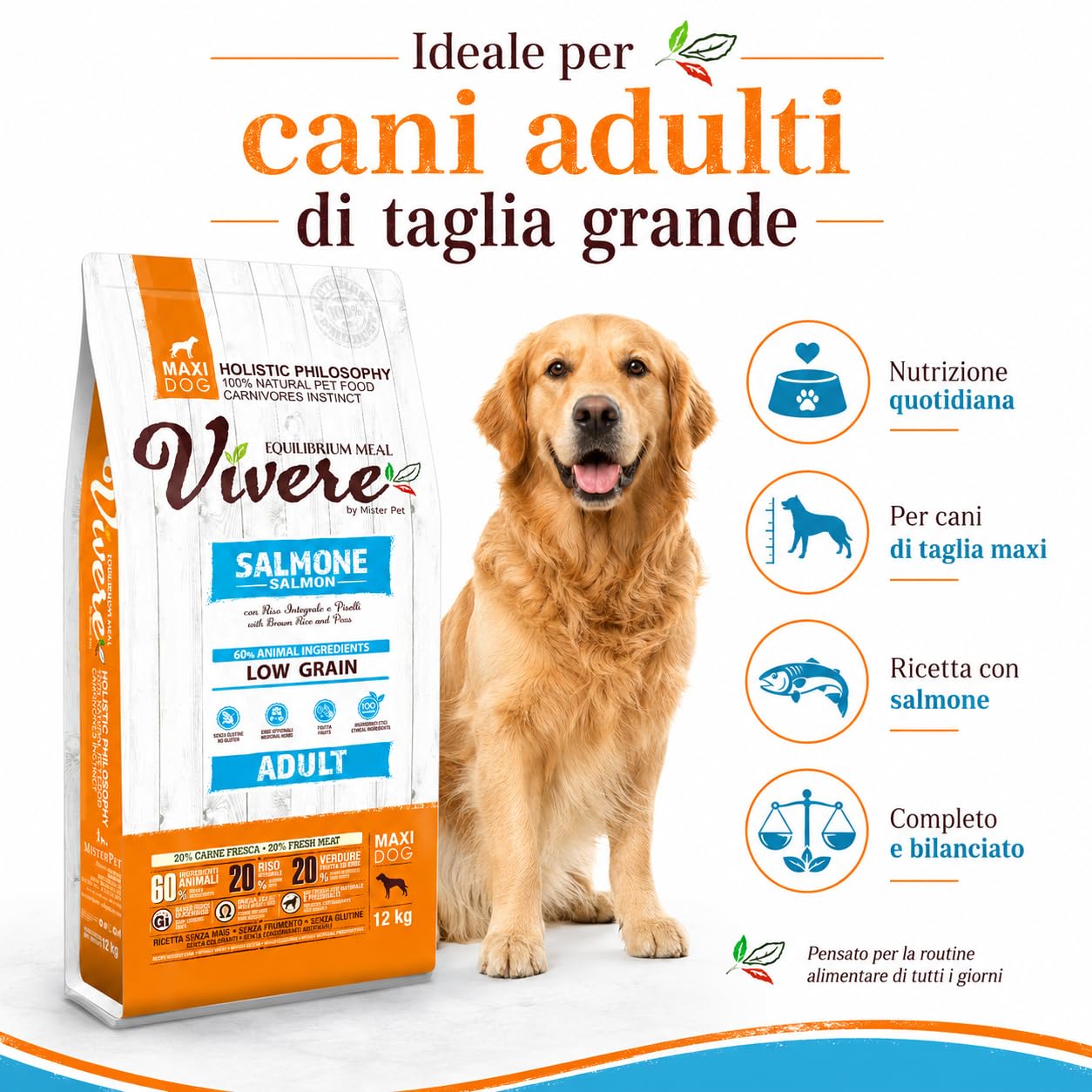 Vivere Adult Maxi Crocchette Cane Adulto con Salmone, Mangime Secco Low Grain Gluten Free per Cani Taglia Grande, Alimento Completo con Omega 3, Prebiotici, Frutta ed Erbe, 12 kg