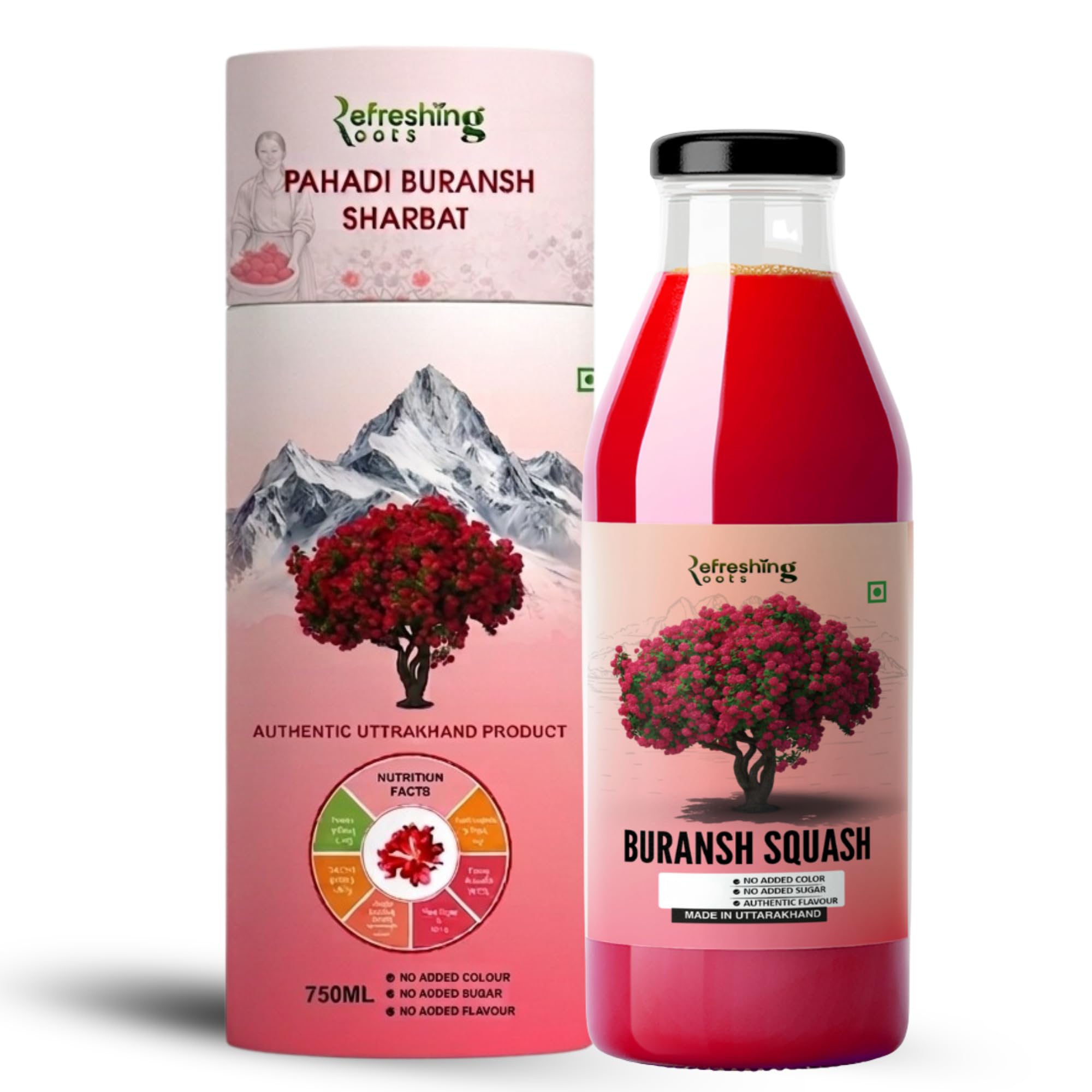 Refreshing Roots Uttarakhand Buransh Squash(Sharbat), 750ml Glass Bottle