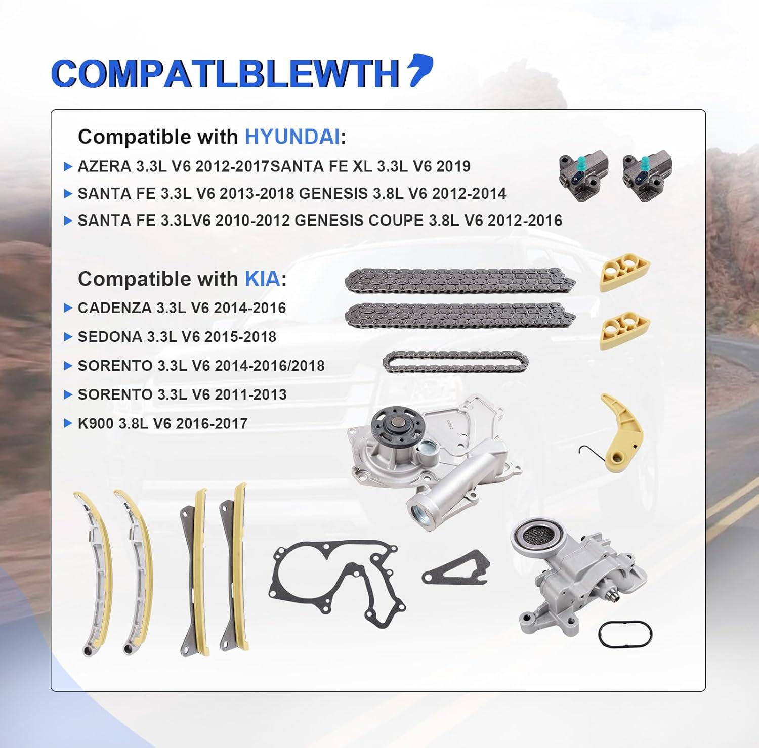 Timing Chain Kit with Water Pump Oil Pump for 2010-2019 Hyundai Azera Santa Fe Genesis, for Kia Cadenza, Sedona, Sorento, Fits 3.3L/3.8L V6 Engine, Complete OEM Replacement VVT Gears Tensioners Set