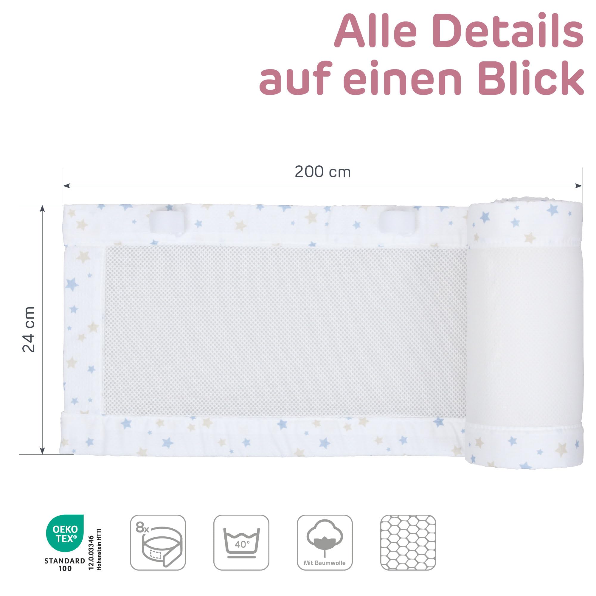 babybay Paracolpi in rete piqué 3D adatto per modello Boxspring XXL, bianco mix stelle sabbia/azzurro