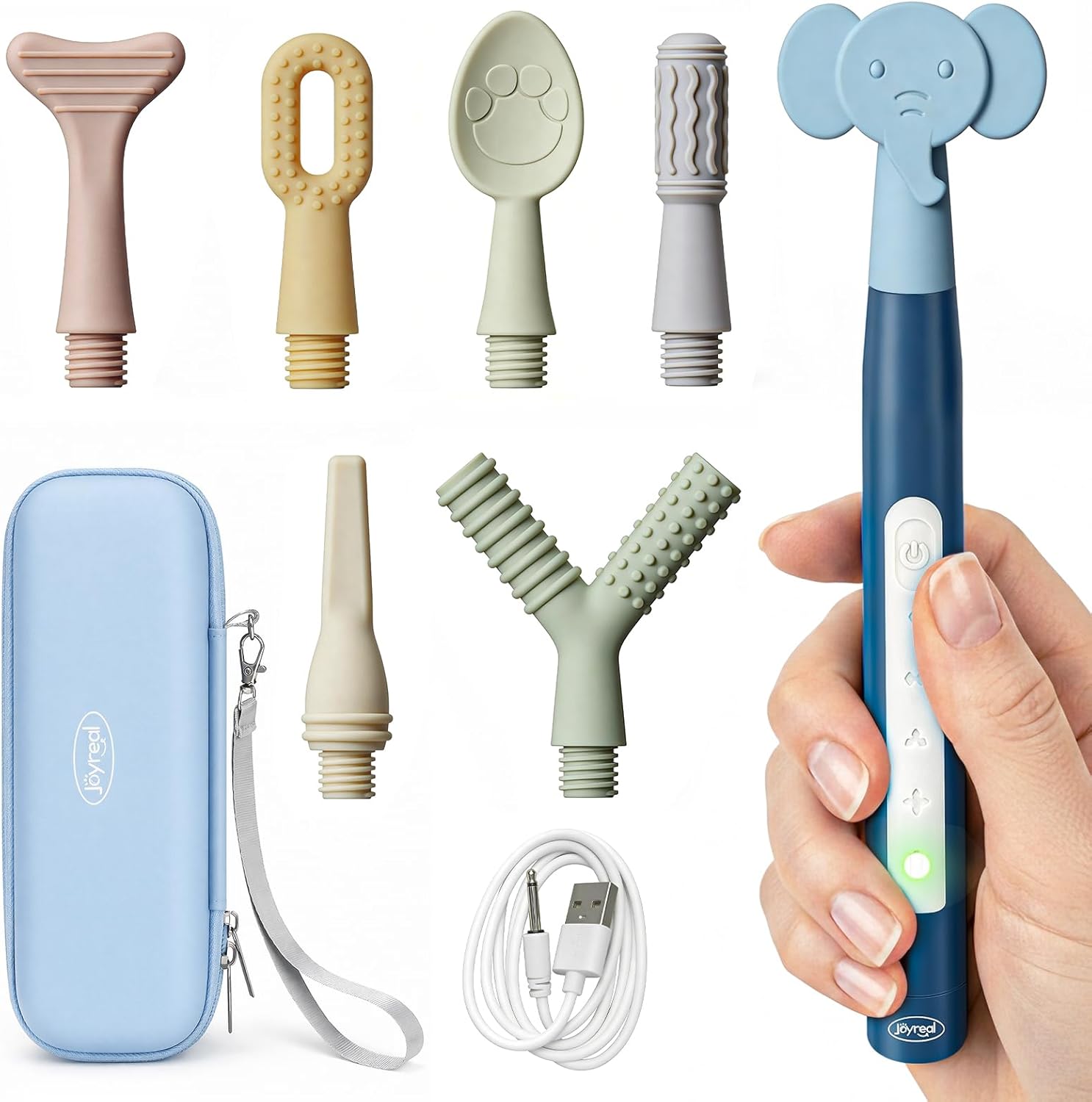 Joyreal Rechargeable SensoryBuzz Oral Motor Vibration Kit with 7 Textured Silicone Heads - 4 Modes Vibrating Teether Autism Sensory Products for Speech Therapy, Stimulate Self Feeding, Sensory Needs