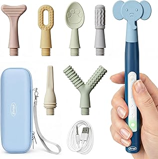 Joyreal Rechargeable SensoryBuzz Oral Motor Vibration Kit with 7 Textured Silicone Heads - 4 Modes Vibrating Teether Autism Sensory Products for Speech Therapy, Stimulate Self Feeding, Sensory Needs
