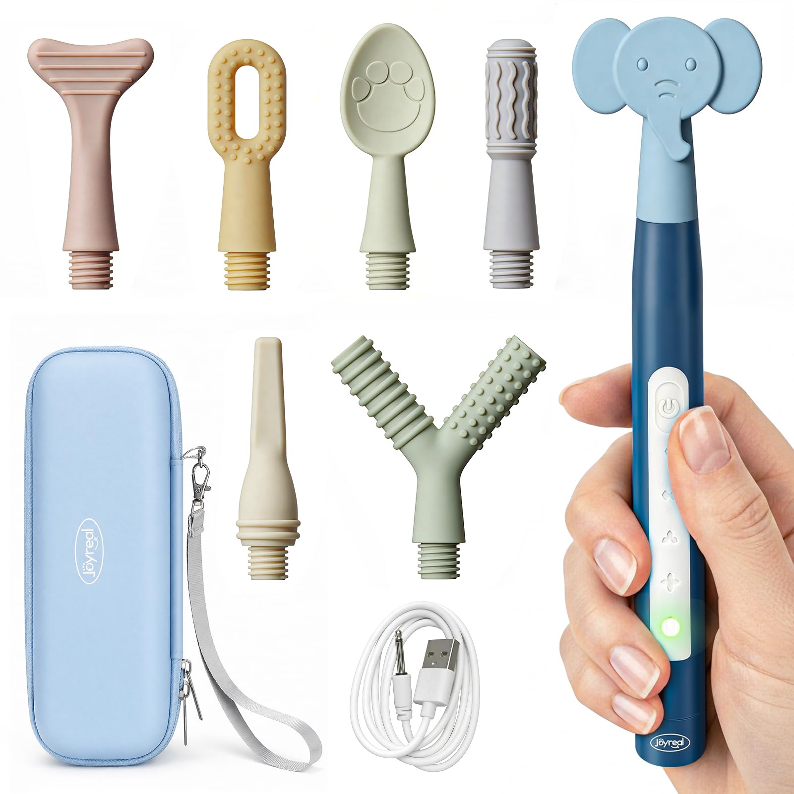 Photo 1 of Joyreal Rechargeable SensoryBuzz Oral Motor Vibration Kit with 7 Textured Silicone Heads - 4 Modes Vibrating Teether Autism Sensory Products for Speech Therapy, Stimulate Self Feeding, Sensory Needs