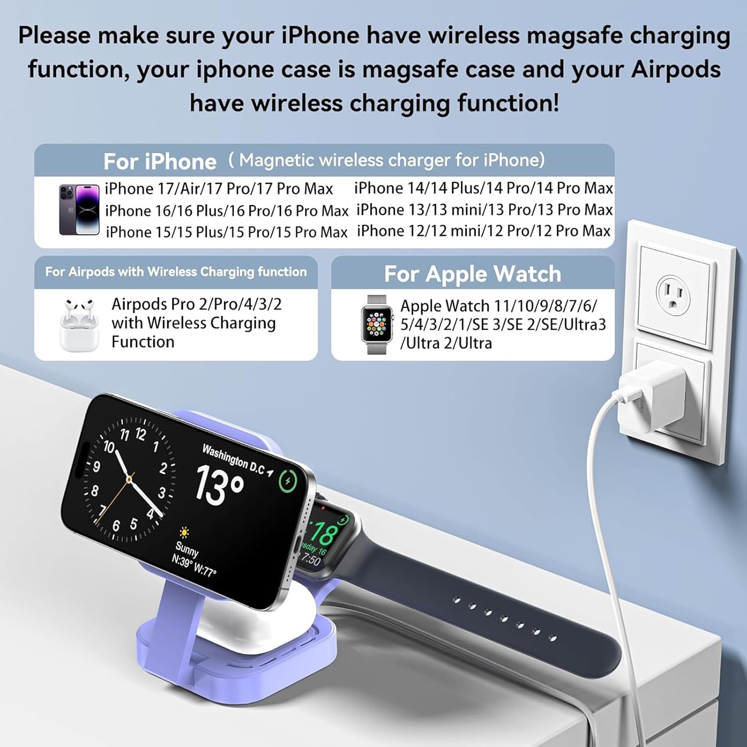 3 in 1 Mini Foldable Charging Station for Apple Devices, Wireless Charger Stand for Magsafe for iPhone 17/Air/16/15/14/13/12 Series, Apple Watch Series, AirPods pro/2/3/4, Gifts for Women Men (Purple)