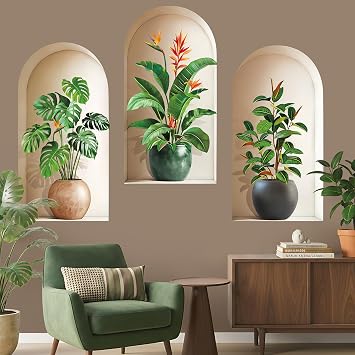 wondever 3D Potted Plants Wall Stickers Green Nature Tropical Leaves Peel and Stick Wall Art Decals for Living Room Bedroom Sofa Background