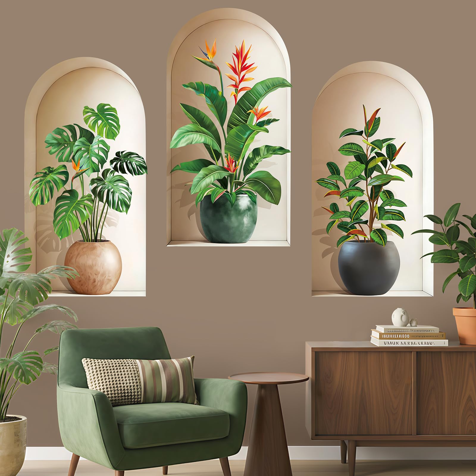 wondever 3D Potted Plants Wall Stickers Green Nature Tropical Leaves Peel and Stick Wall Art Decals for Living Room Bedroom Sofa Background