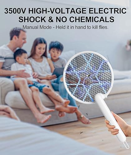 Miniatura 4 de Matamoscas eléctrico, paquete de 2 raquetas plegables para matamoscas recargable por USB, con modos de manos libres y de mano, mata moscas para