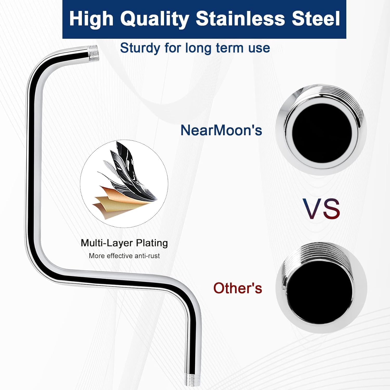 NearMoon S Shape Shower Extension Arm with Flange, Stainless Steel High Rise Shower Head Extender Pipe, Horizontal Extension Standard 1/2" Connection- Bathroom Accessory, 16 Inch (Chrome Finish)