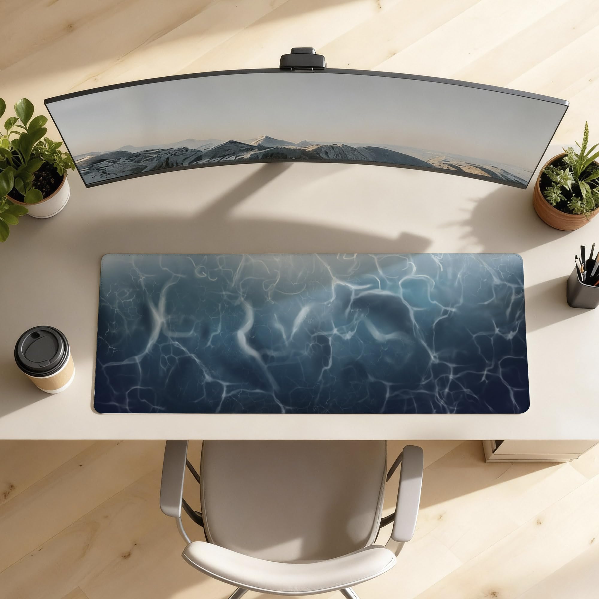 SoulAbiti Deep Blue Ocean Caustics Extended Desk Pad (36x14 Inch) - Wanderlust Calm Series XXL Mouse Pad - Non-Slip Rubber Base & Stitched Edges 1