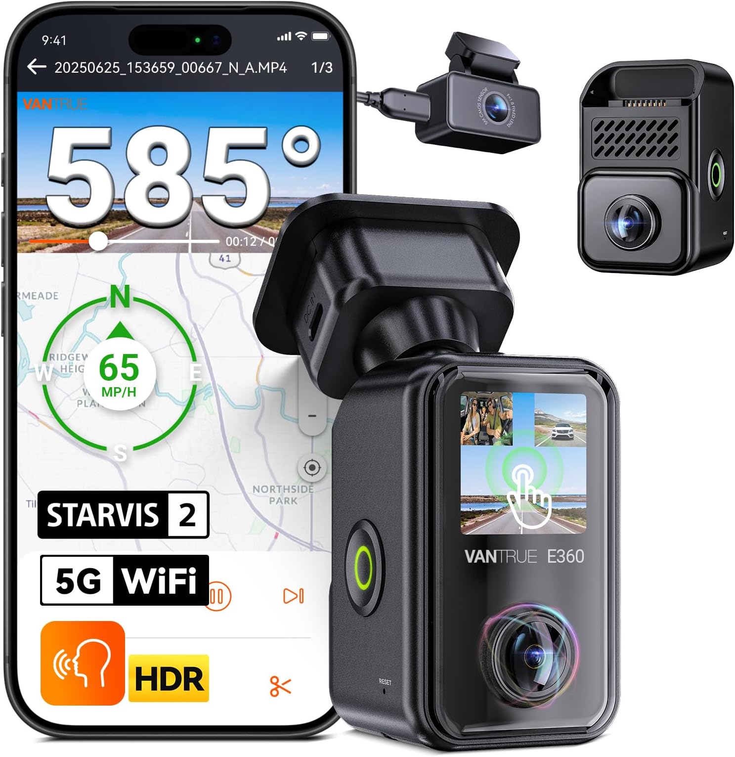 Vantrue E360 Plus All Channel Dash Cam, 585°, Dual STARVIS 2, Fisheye Front + Fisheye Inside + Rear Dash Camera, Dual IR Night Vision, GPS, WiFi, Touchscreen, Parking Mode, Voice Control, Support 1TB