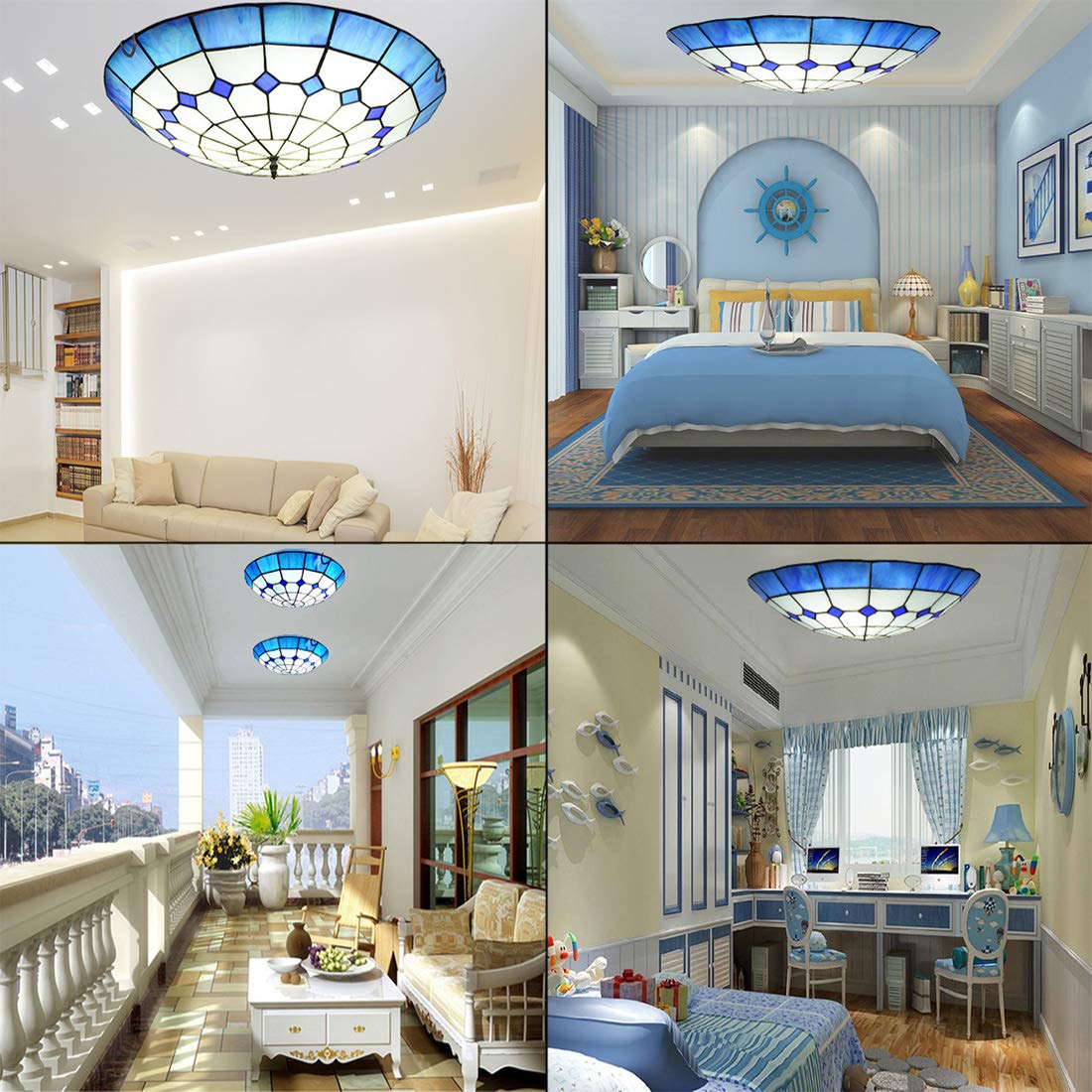 Plafón de estilo Tiffany, manchado pasillo de cristal redonda de techo luz rasante del montaje, la iluminación azul del Mediterráneo decoración del techo para el dormitorio sala de estar,40cm