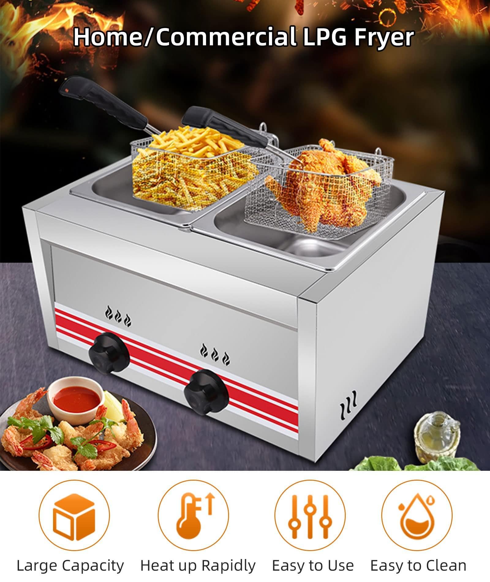 Freidora De Gas Profesional, Freidora De Gas Profesional De Acero Inoxidable Comercial,Freidora Butano Y Gas Propano,con Tapas Y Cestillos,Cocina Industrial Comercial O Uso Doméstico,10L