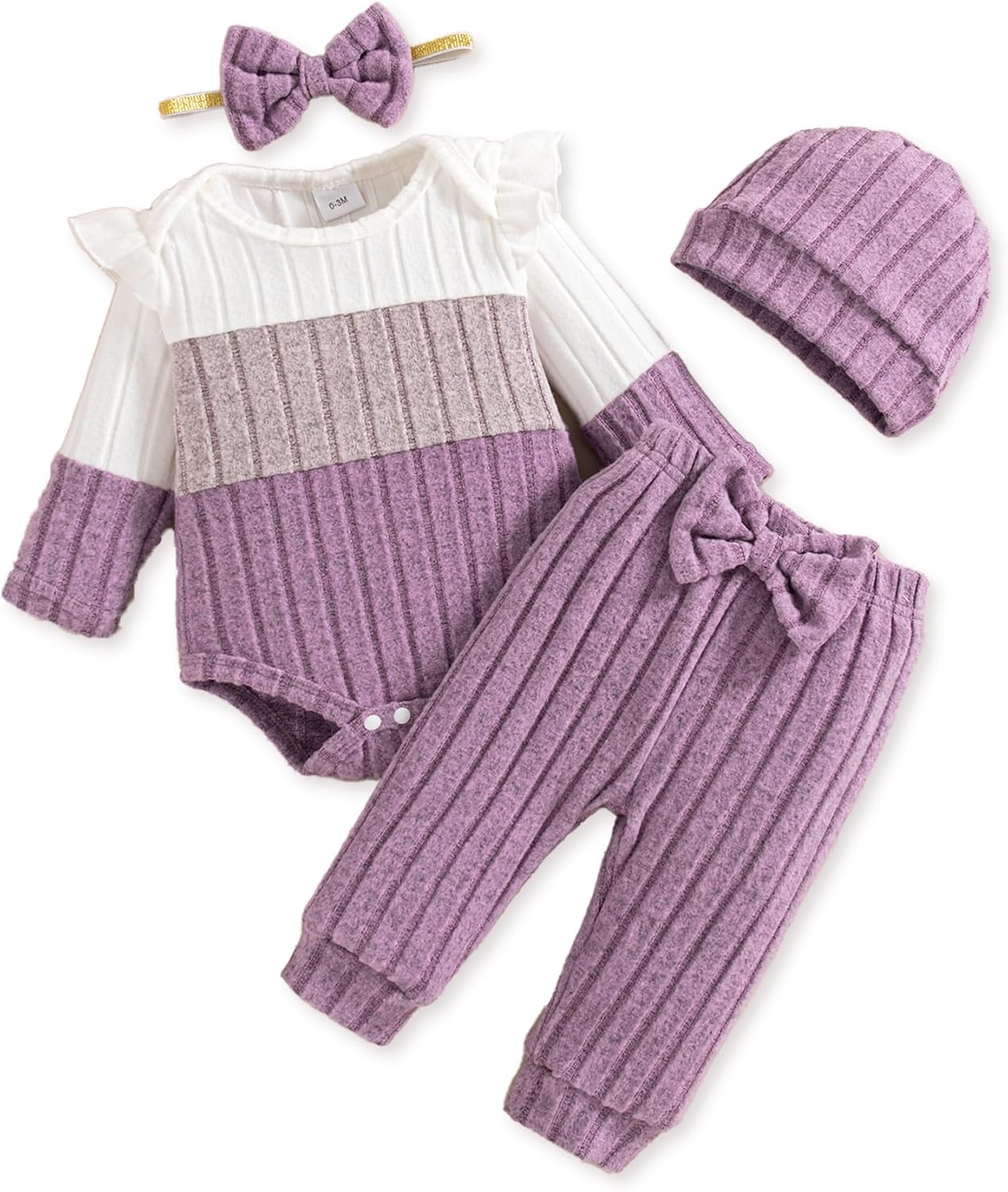 Mioglrie Newborn Baby Girl Fall Outfits: 4-Piece Color Block Romper Pants Set with Hat & Headband, 0-18 Months