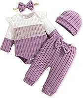 Mioglrie Newborn Baby Girl Fall Outfits: 4-Piece Color Block Romper Pants Set with Hat & Headband, 0-18 Months