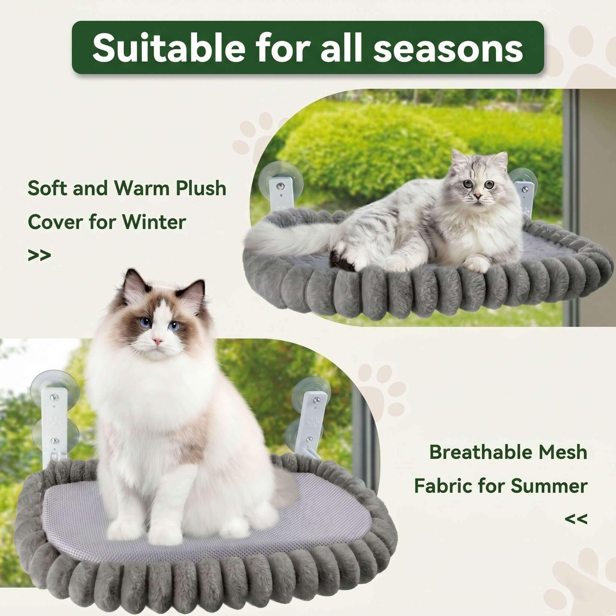 Fensterliege für Katzen, M (52x30cm), Grau | Für Katzen bis 18kg, Katzenhängematte Fenster, Waschbarer Bezug, Flauschiges Katzenbett, Mit Saugnäpfen
