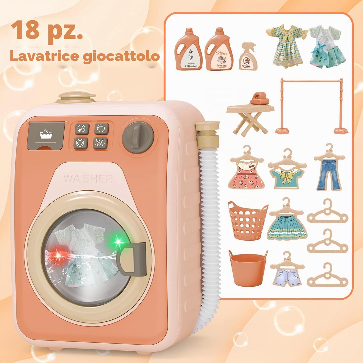 Lavatrice per Bambini,Giocattolo elettronico della Lavatrice con Suoni realistici,Set di Giocattoli per Lavatrice,Set di Lavanderia per Bambini con Ferro da stiro - 3 Anni+ Idea regalo