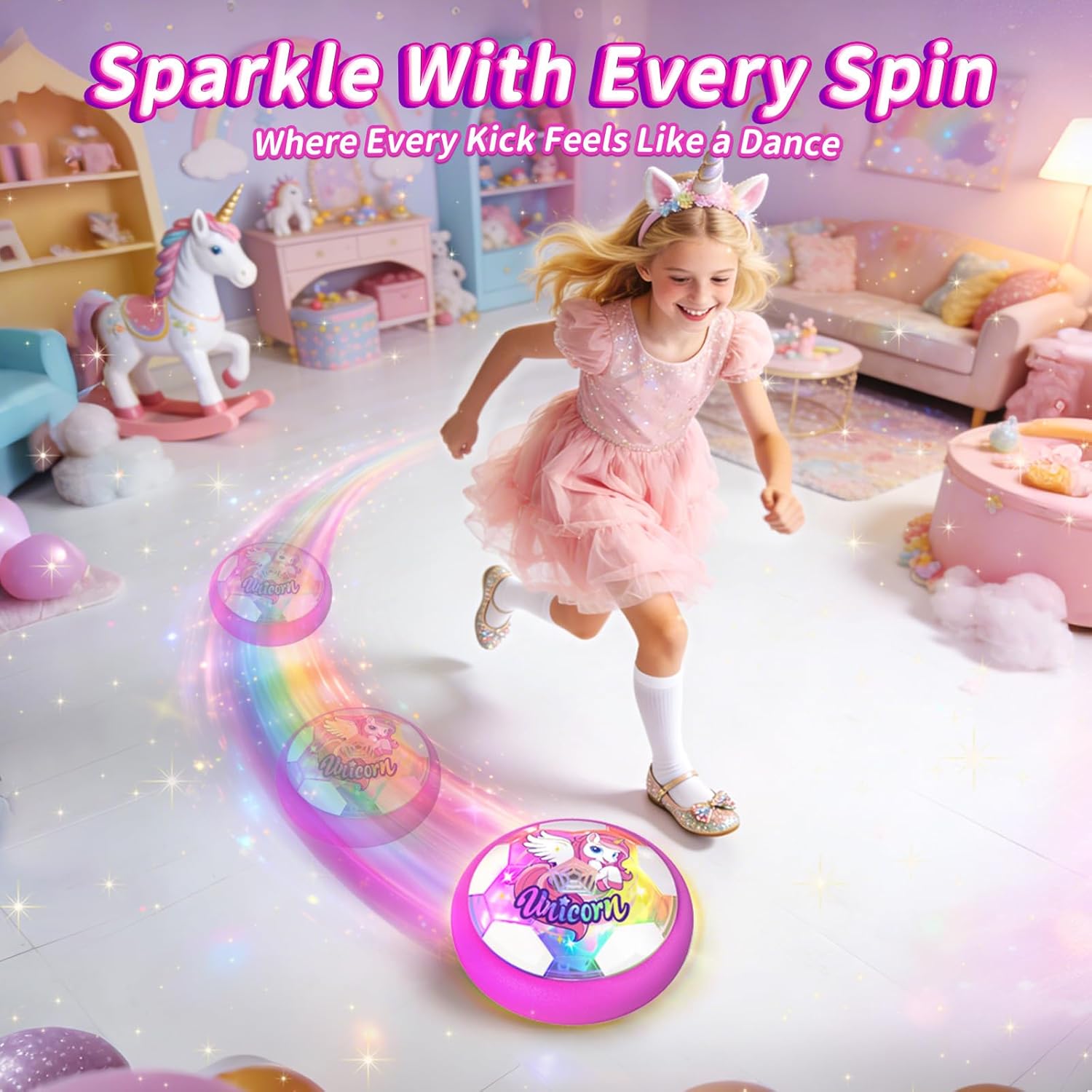 Unicorn Hover Soccer Ball for Girls, Light Up Air Floating Toys for Girls Age 3 4 5 6 7 8 9 10 11 12, Indoor Toy Birthday Gifts, Kids Games with LED Lights Foam Bumper, Kids Stocking Stuffers