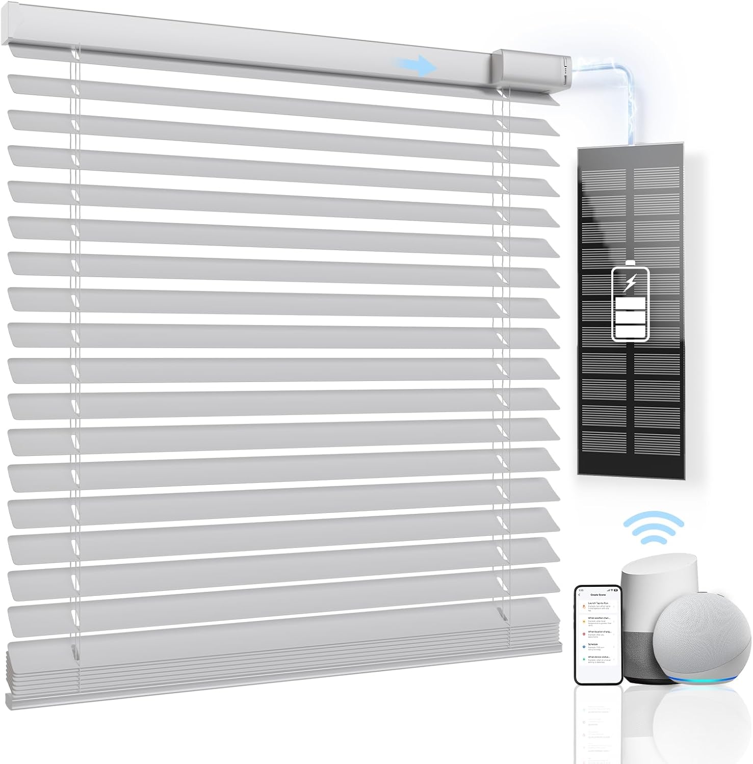 Motorized Blinds With Remote Control, Blackout Smart Windows, Horizontal Electric CordlessSolar Powered Custom Automatic White 33" Wx64 H