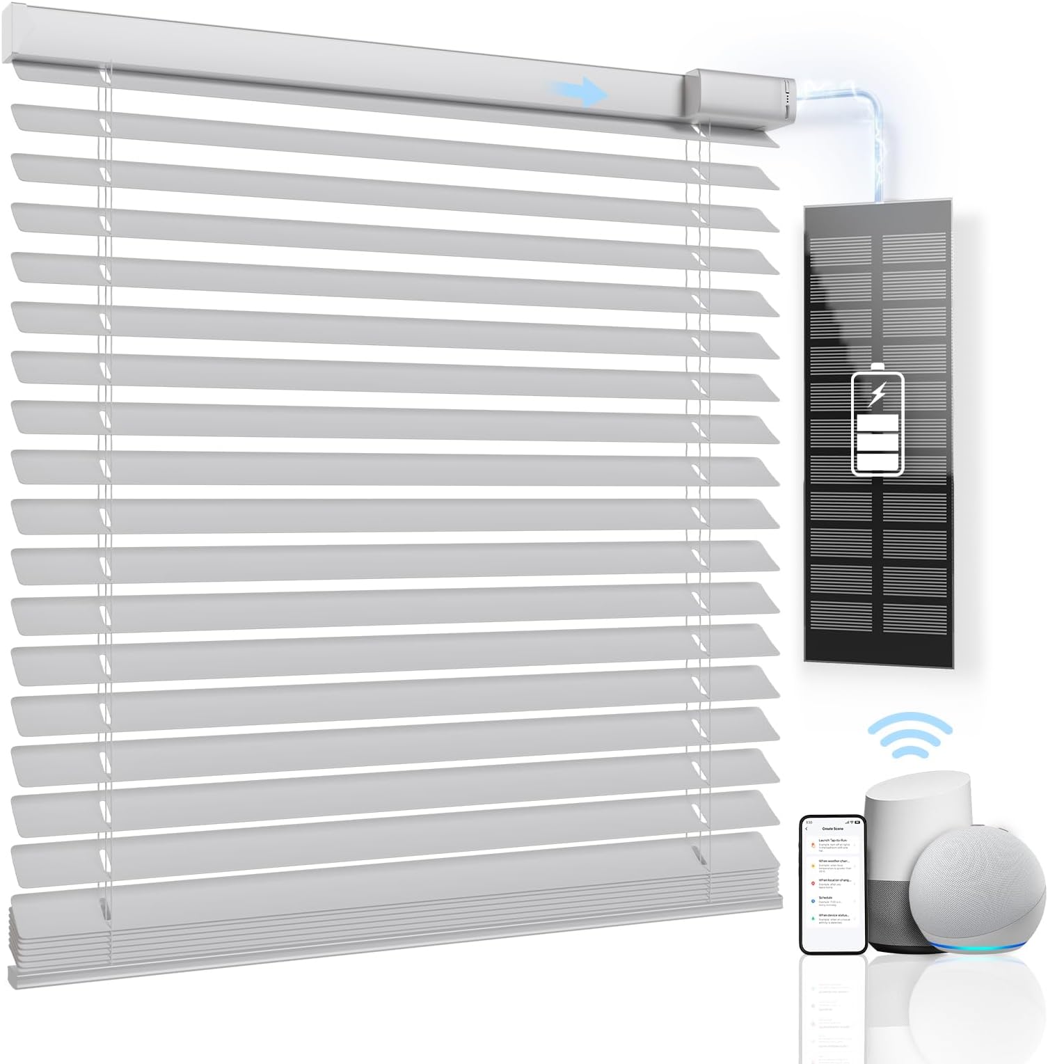 Motorized Smart Blinds with Remote Control - Solar Powered, Cordless, Automatic Electric Blinds - Light Filtering, Compatible with Google Alexa - White, 25" W x 64" H