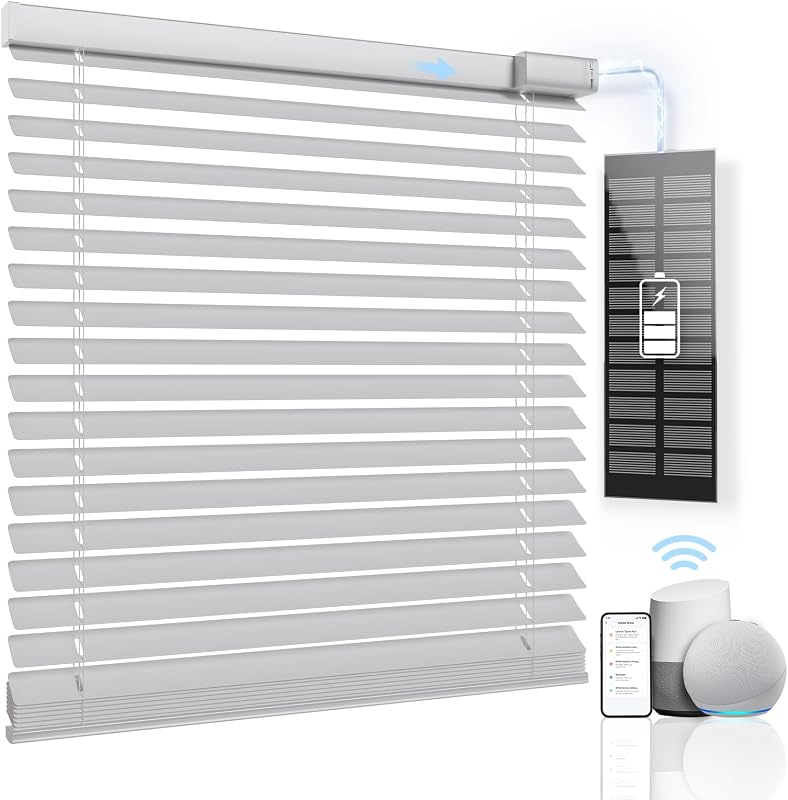 Motorized Blinds with Remote, Horizontal Blinds, White, 25" x 64" | Solar Powered, Electric Blinds for Smart Device, Control via App, Voice or Remote, Magnetic Battery Pack, Cordless Safe.