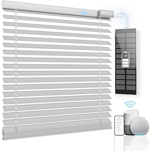 Motorized Smart Blinds with Remote Control - Solar Powered, Cordless, Automatic Electric Blinds - Light Filtering, Compatible with Google Alexa - White, 25" W x 64" H