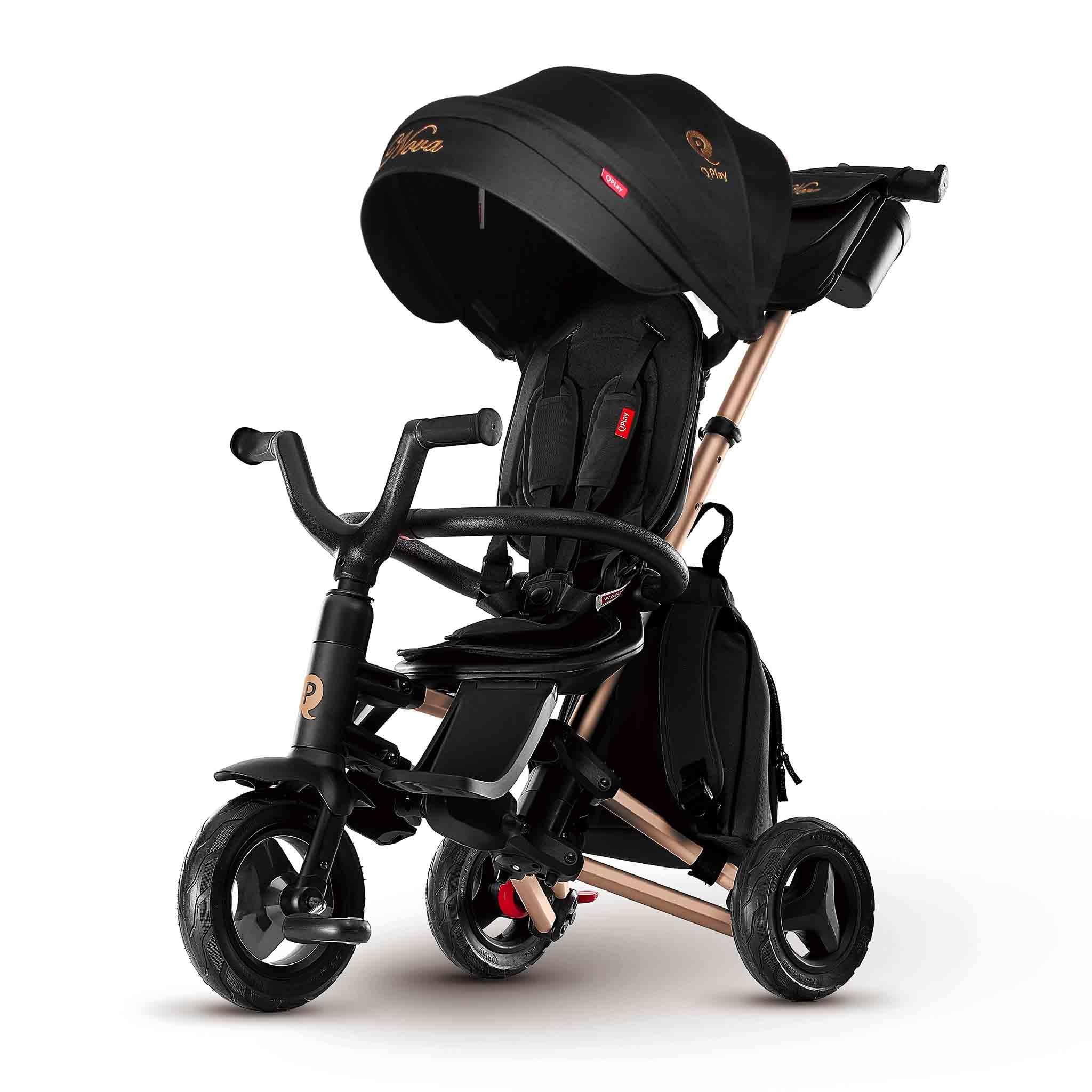 Triciclo Evolutivo pieghevole QPLAY Nova Golden Limited Edition 6 in 1 con zaino portaoggetti, fronte strada e fronte mamma, reclinabile, adatto a bambii da 10 a 72 mesi, portata fino a 25 kg
