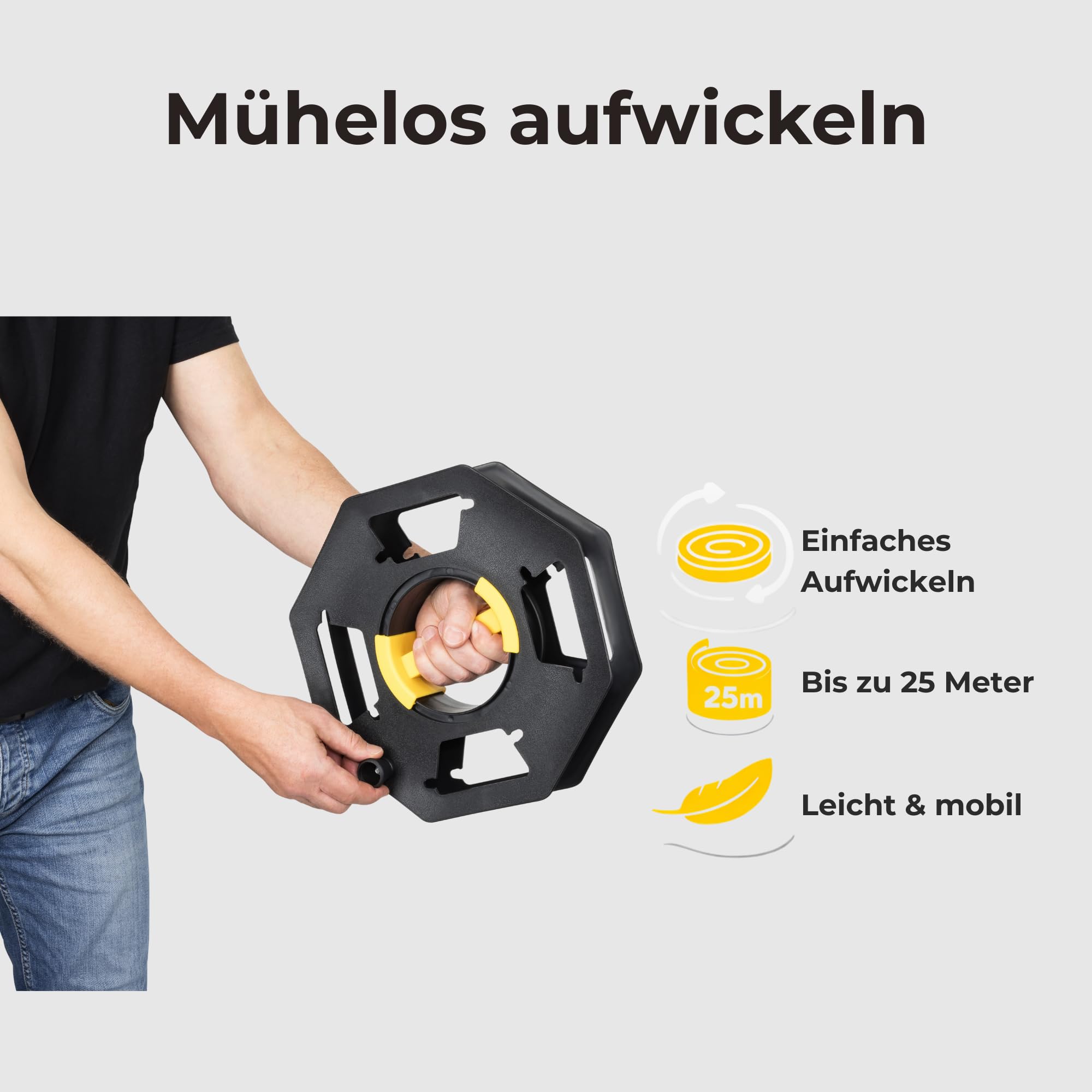 Kabeltrommel leer 25 m, leichte Handkabeltrommel mit Kurbel, Kabelaufroller für Verlängerungskabel, Camping, Wohnwagen, Garten & Gartenschlauch, mobile Kabelrolle zum Aufwickeln