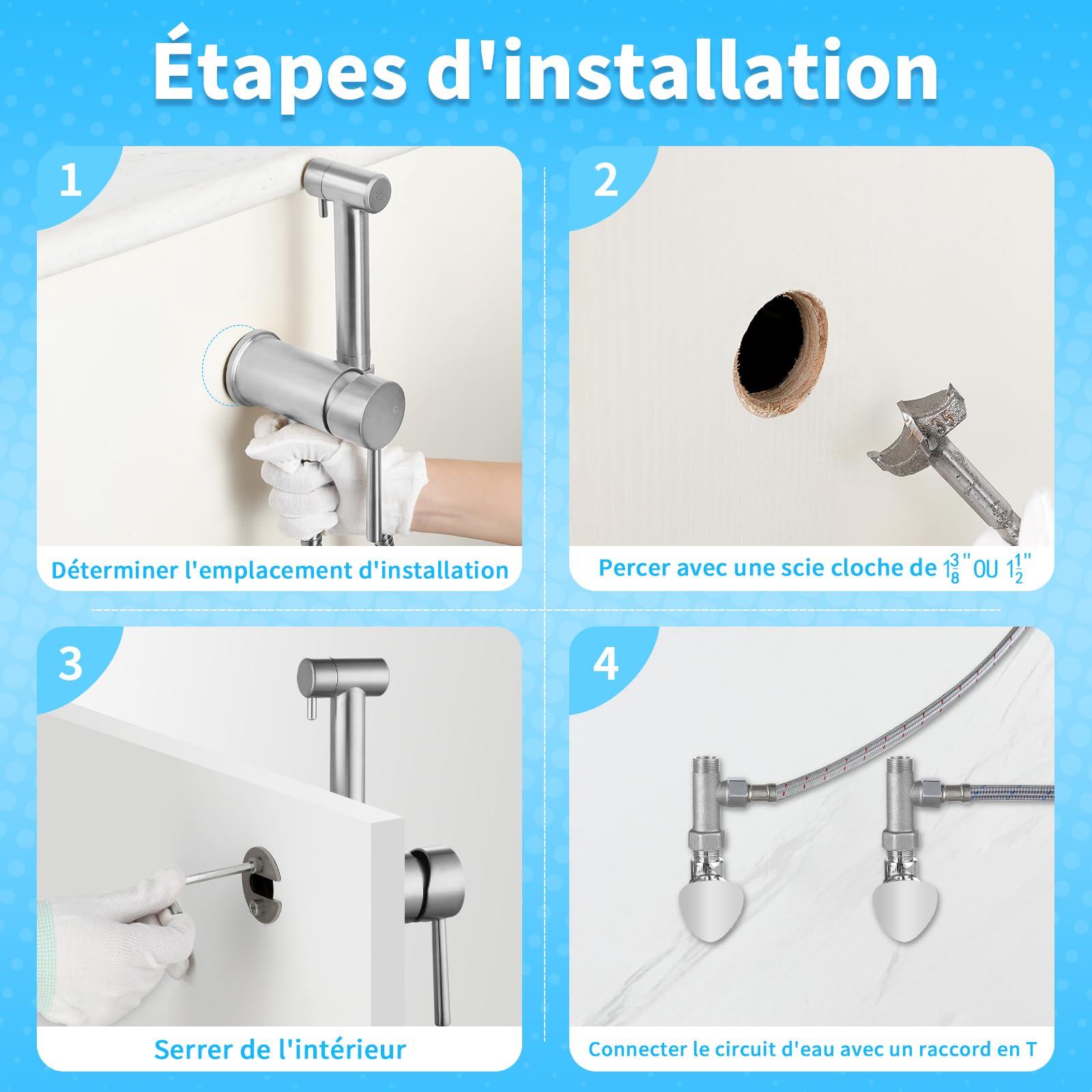 Kit Douchette Wc Eau Chaude Et Froide à Installer Sur le Côté de l’Armoire de Salle de Bain. Douchette Toilette en Acier Inoxydable Pour le Nettoyage de l’Hygiène Personnelle, Nickel Brossé