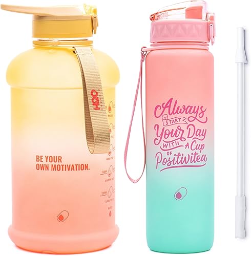 Miniatura 1 de H2O Cápsula INSPO de medio galón soleado mañana y 32 onzas de flor de loto Set de botellas de agua motivacionales con marcador de tiempo y paja