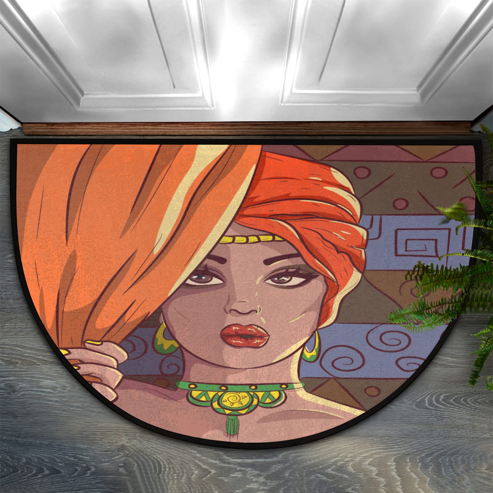 Pardick Half Round Doormat Pretty African American Woman Non-Slip Half Circle Area Rug Durable Washable Runner Mat for Living Room Bedroom Indoor Outdoor Kitchen Floor Home Decor Half Moon Rug