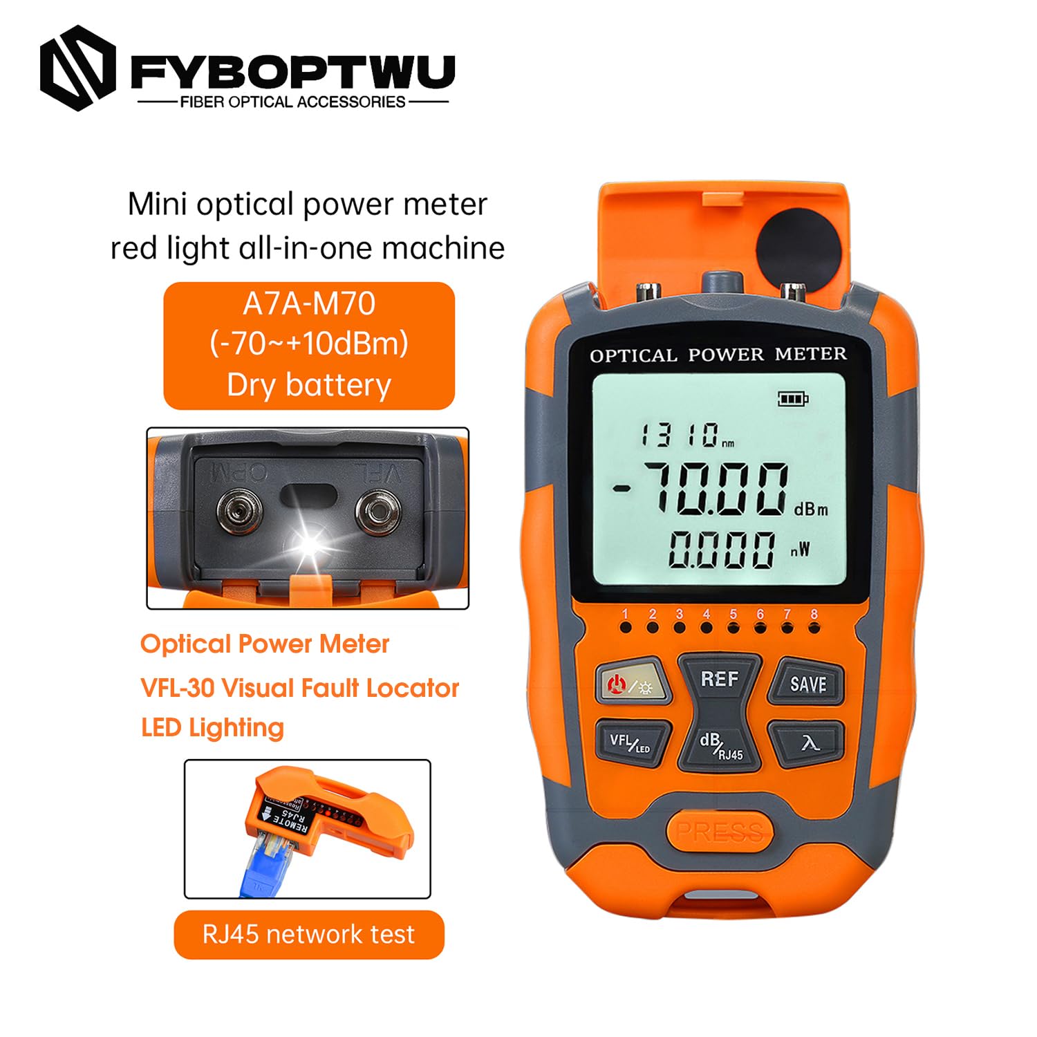 Testeur de fibre optique portable 4 en 1 (FC/SC/ST) et localisateur visuel de défauts VFL 30 mW et test de réseau RJ45 et éclairage LED, testeur de fibre optique OPM et VFL