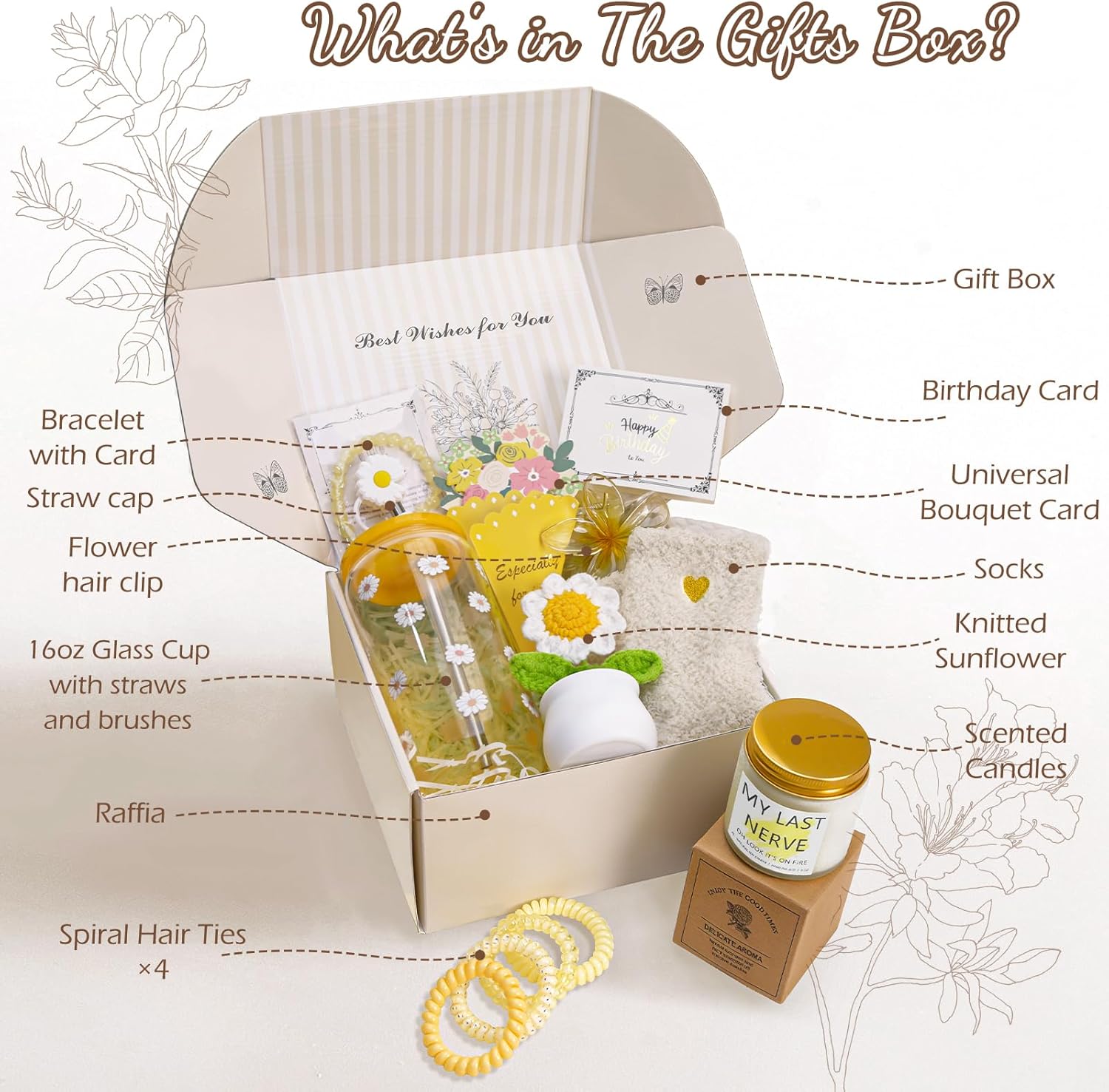 Valentines Day Gifts for Her Women Girlfriend Wife Mom, Unique Happy Birthday Gift Baskets for Teen Girls Friend Sister, Thank You Gifts Set for Teacher Coworker, 14pcs Cute Daisy Box Present (Yellow) - Image 2