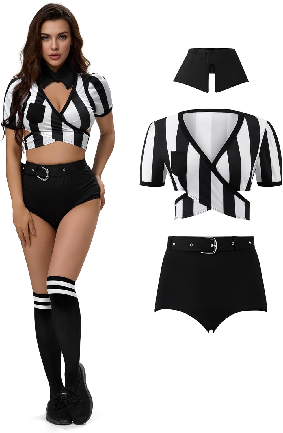 Spooktacular Creations 4Pcs Halloween Women Referee Costum, Black and White Striped Ref Shirt Halloween Costume Cosplay Party