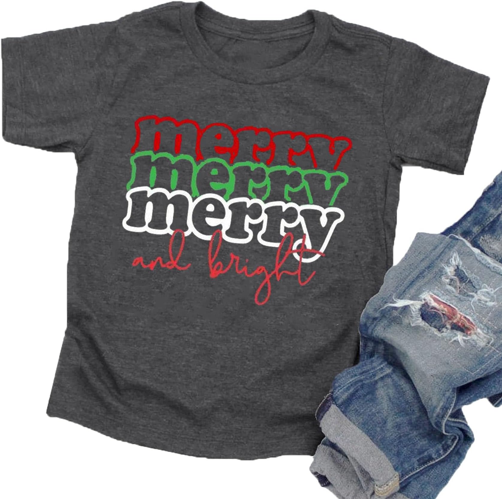 JMFXB Merry Merry Merry and Bright Christmas Shirts Toddler Boys Girls Merry Christmas T-Shirt Cute Graphic Letter Tee Shirts