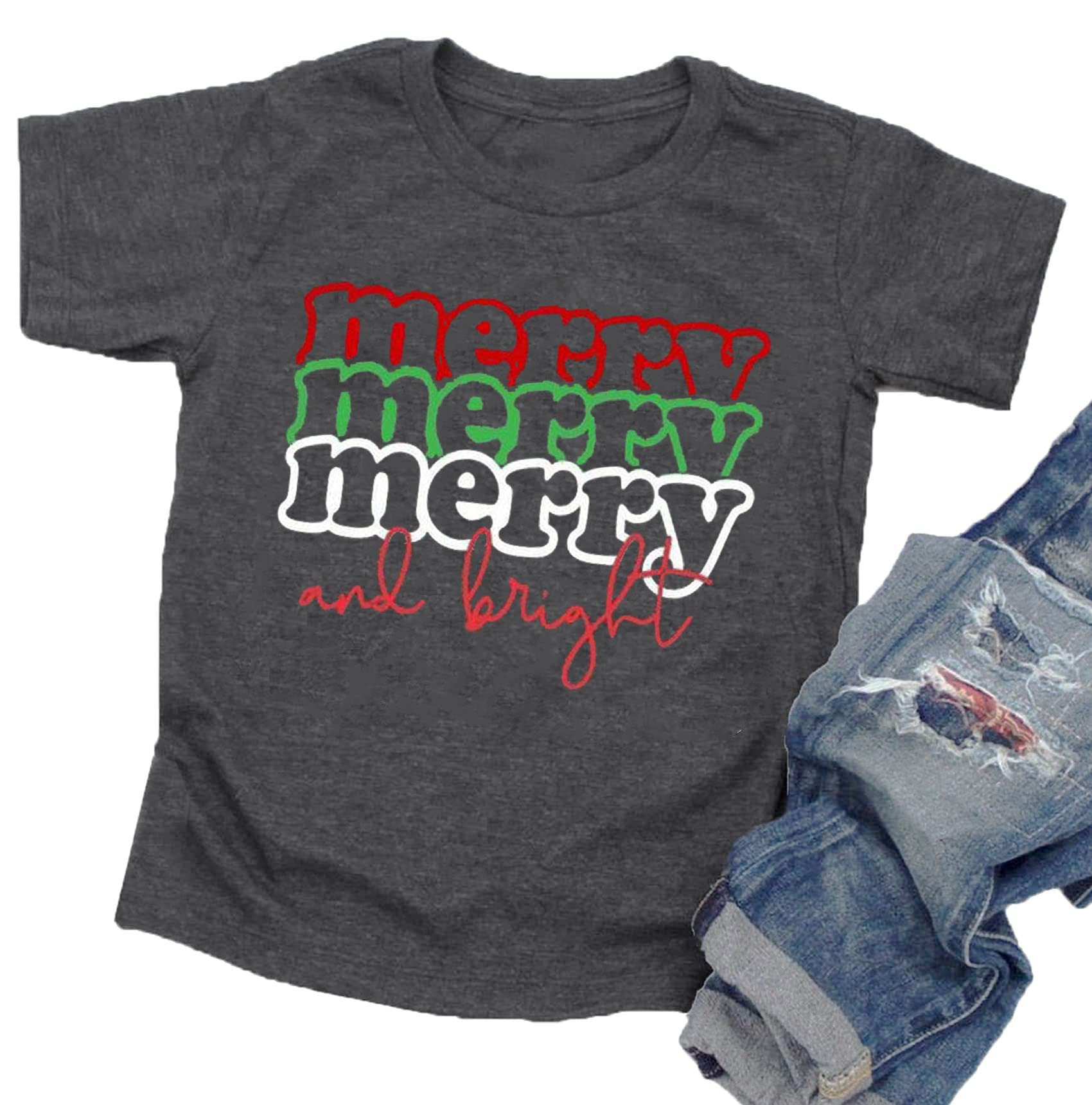 JMFXB Merry Merry Merry and Bright Christmas Shirts Toddler Boys Girls Merry Christmas T-Shirt Cute Graphic Letter Tee Shirts