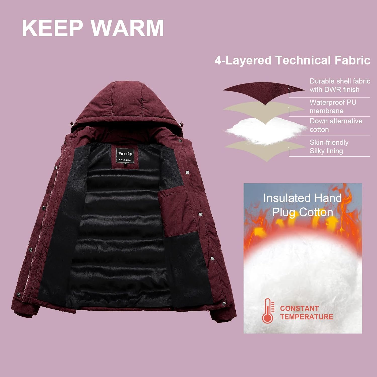 Pursky Women's Warm Winter Thicken Coat Waterproof Cropped Jackets Parka With Removable Hood - Image 3