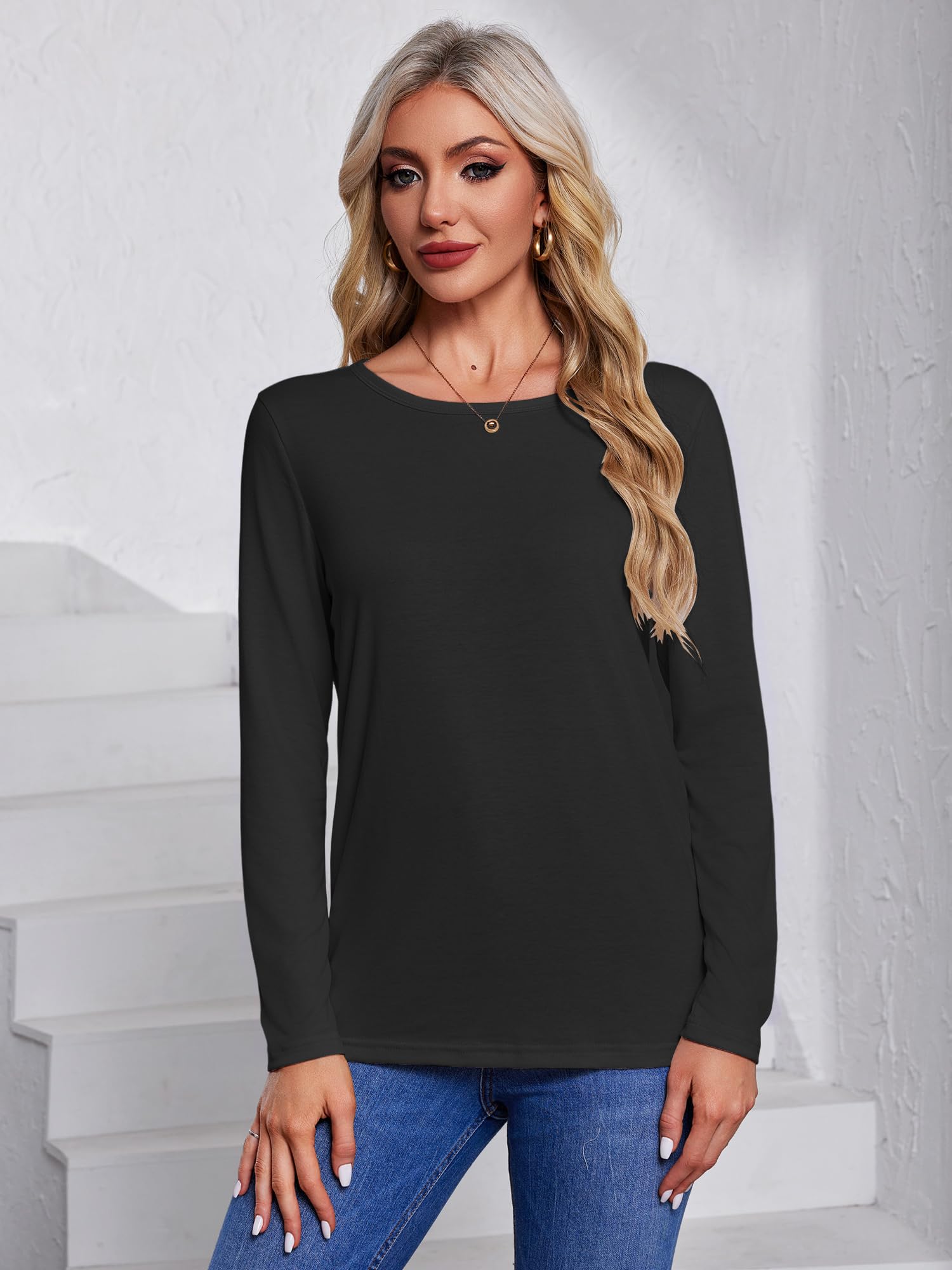 Camisetas de manga larga para mujer, con cuello redondo, básicas, camisetas casuales de primavera