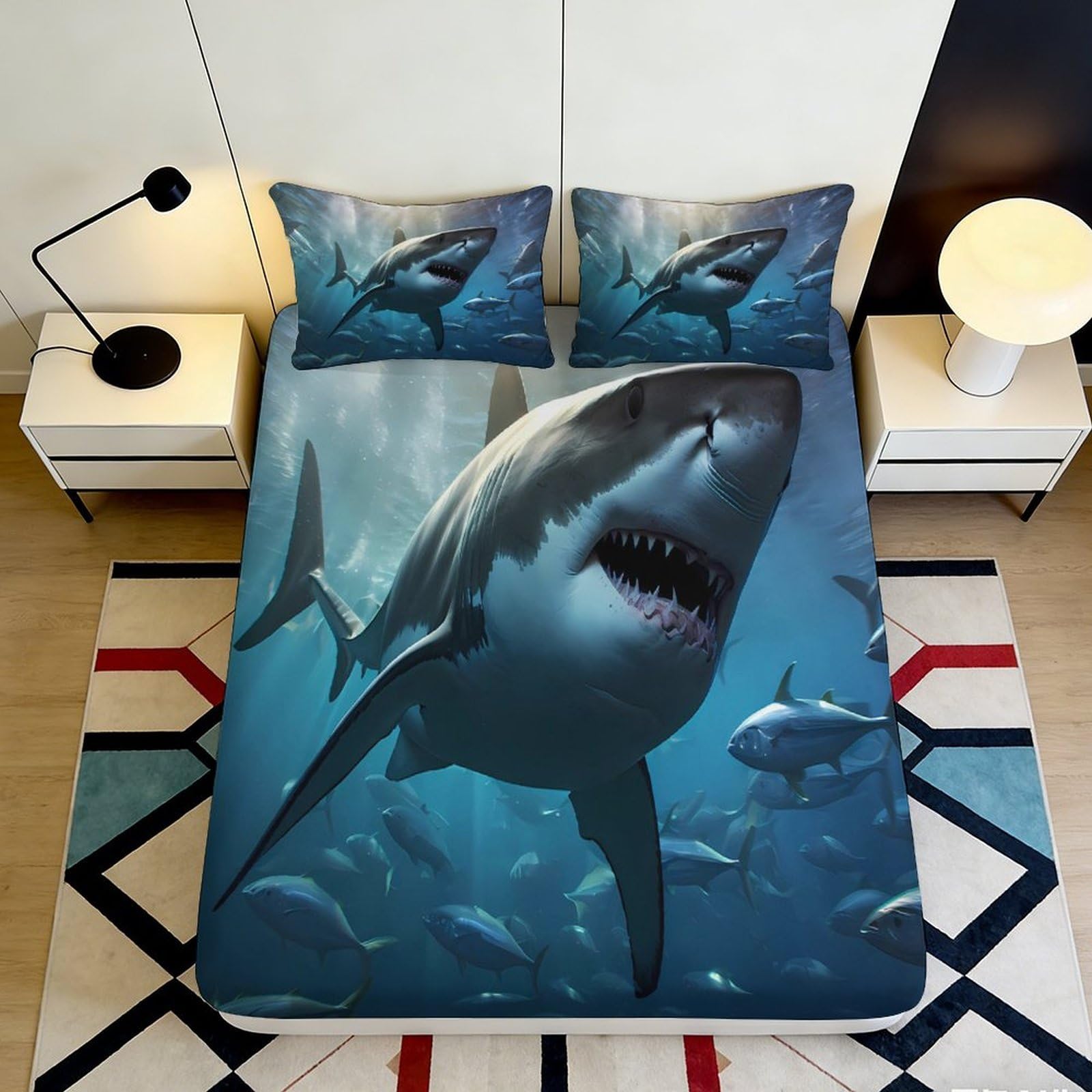 3D Printed Shark Underwater Fitted Sheet Microfiber Non-Slip Mattress Cover for Bedroom Guest Room Dustproof Decor 120x200x25cm