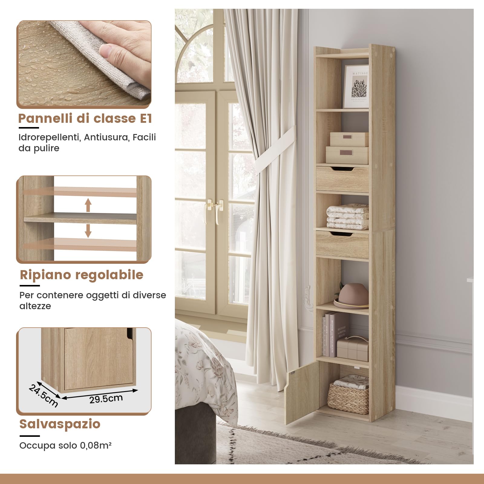 WOLTU Libreria Verticale Autoportante, Scaffale Salvaspazio, Libreria Stretta e Alta, con 2 Cassetti, 6 Ripiani Aperti e 1 Scomparto con Anta, in Legno, Rovere Chiaro, SK042hei