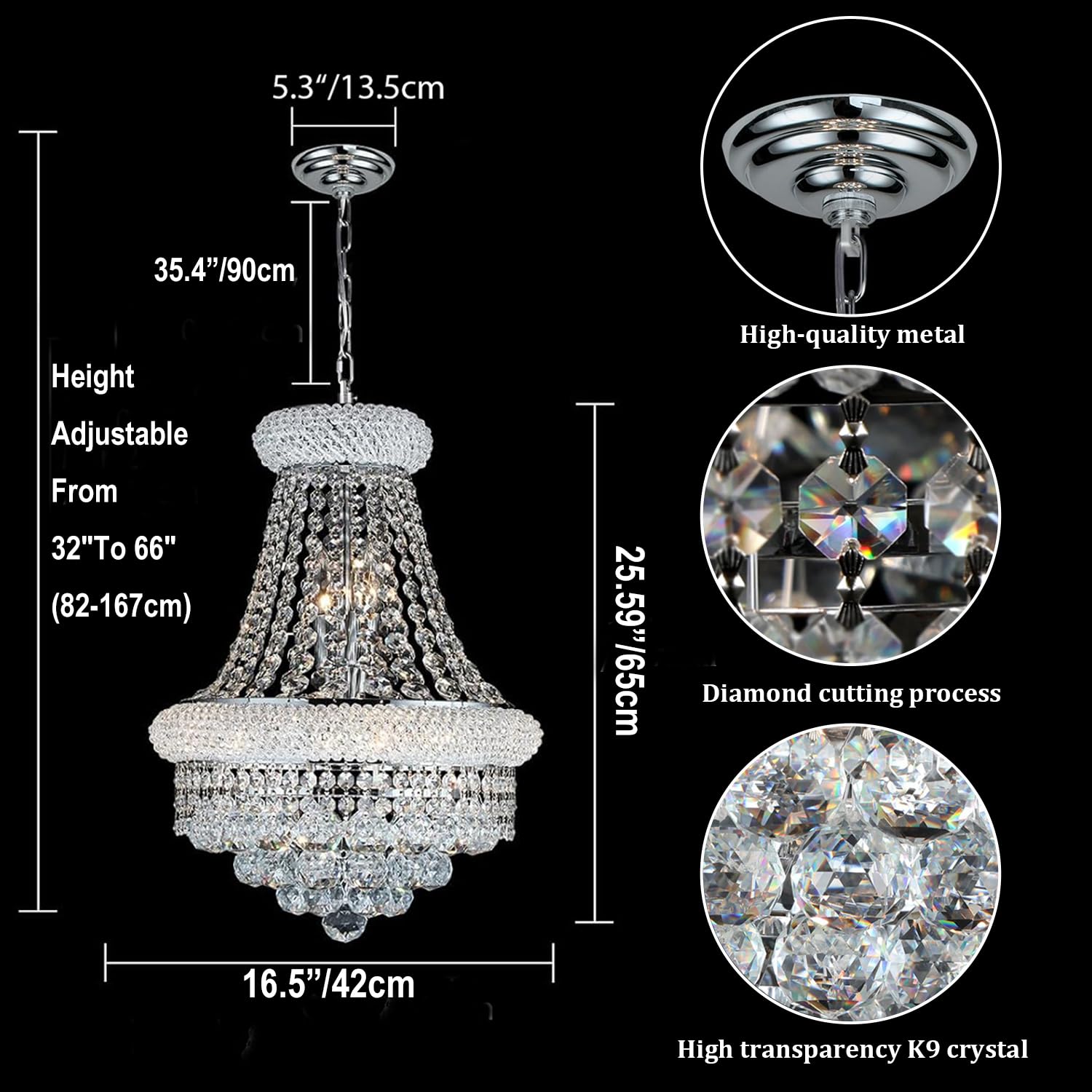 Nowoczesne srebrne kryształowe żyrandole do jadalni, Smart Dimmable Luxury 6-Light Empire Style K9 Crystal Lighting Fixture do salonu, sypialni, średnica 42 cm