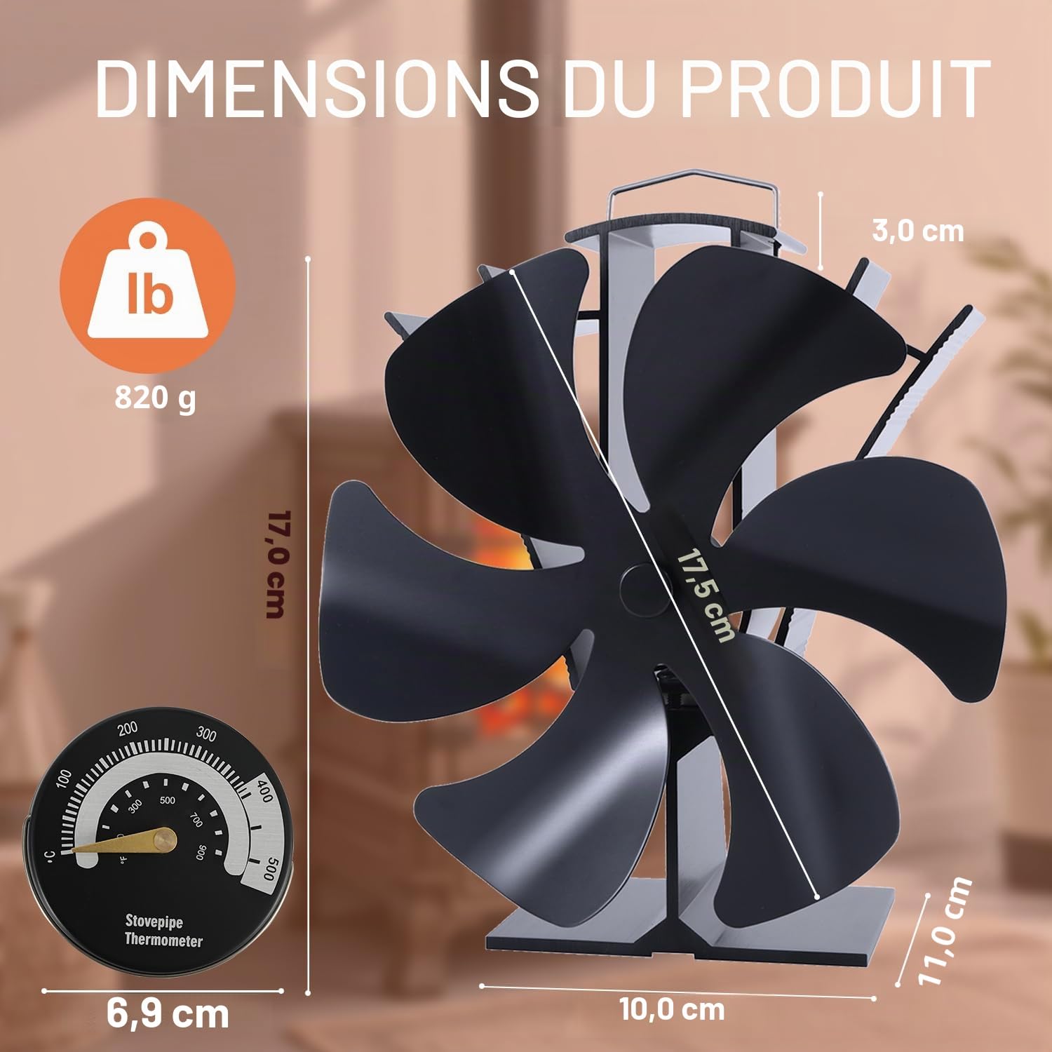 Tomersun Ventilateur de poêle à bois 6 lames avec thermomètre alimenté par la chaleur pour cheminée/poêle à bois/brûleur à bûches