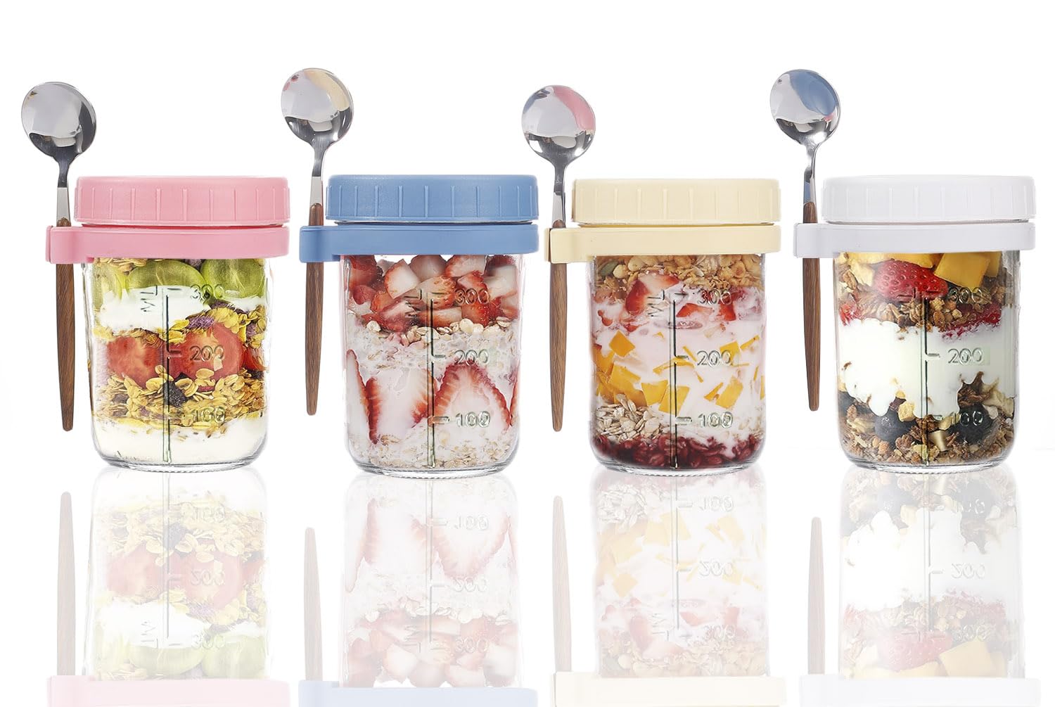 Tempfoo Multiple Colors Overnight Oats Jar Container Set 4, 350Ml Glass Mason Jars With Lids And Spoon, Cereal Milk Vegetable Fruit Salad Jam Protein Porridge Clear Storage Containers, Breakfast Pots With Lid